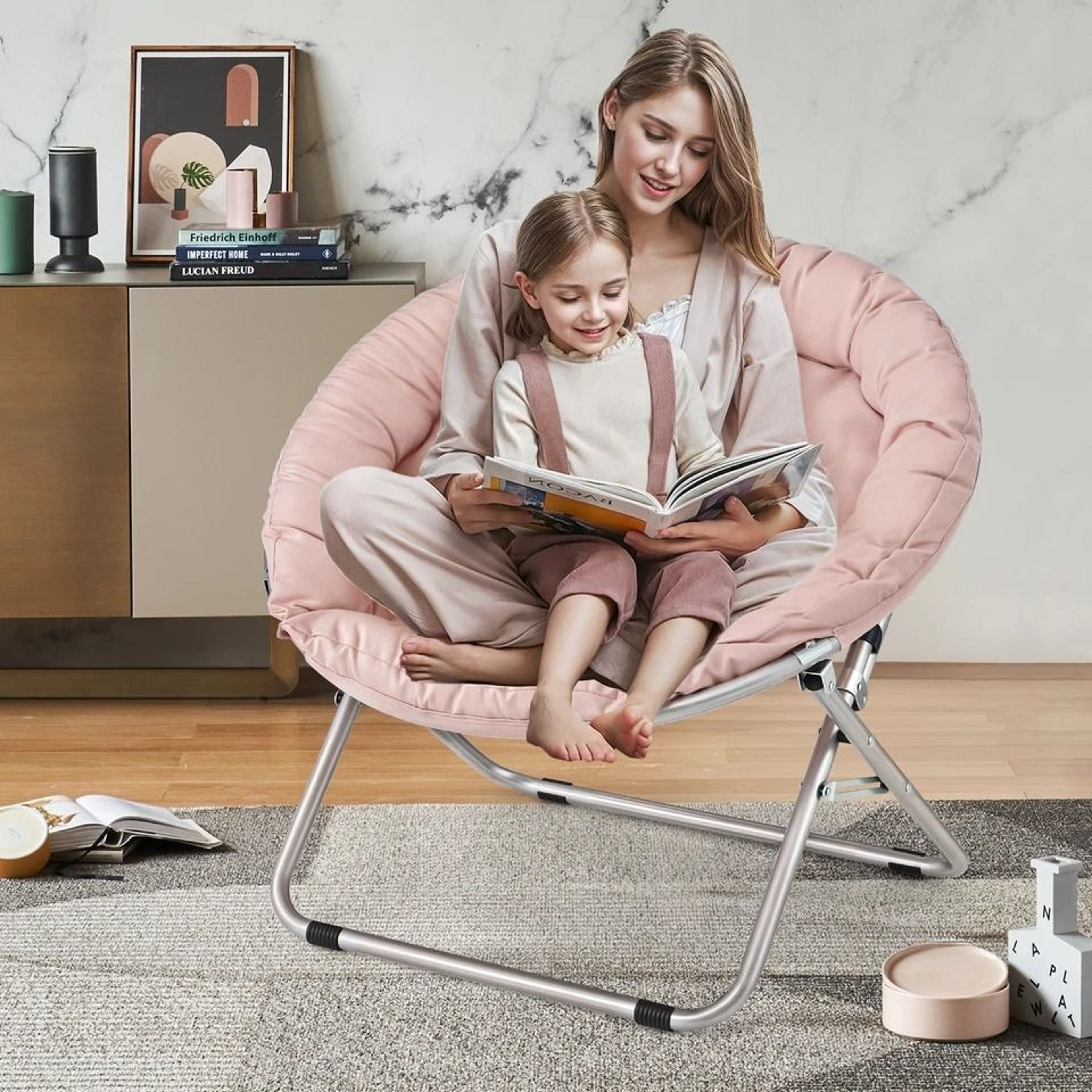 Foldable Saucer Chair Comfy Accent Lounge Chair Pink Soft Round Moon Padded Seat 3