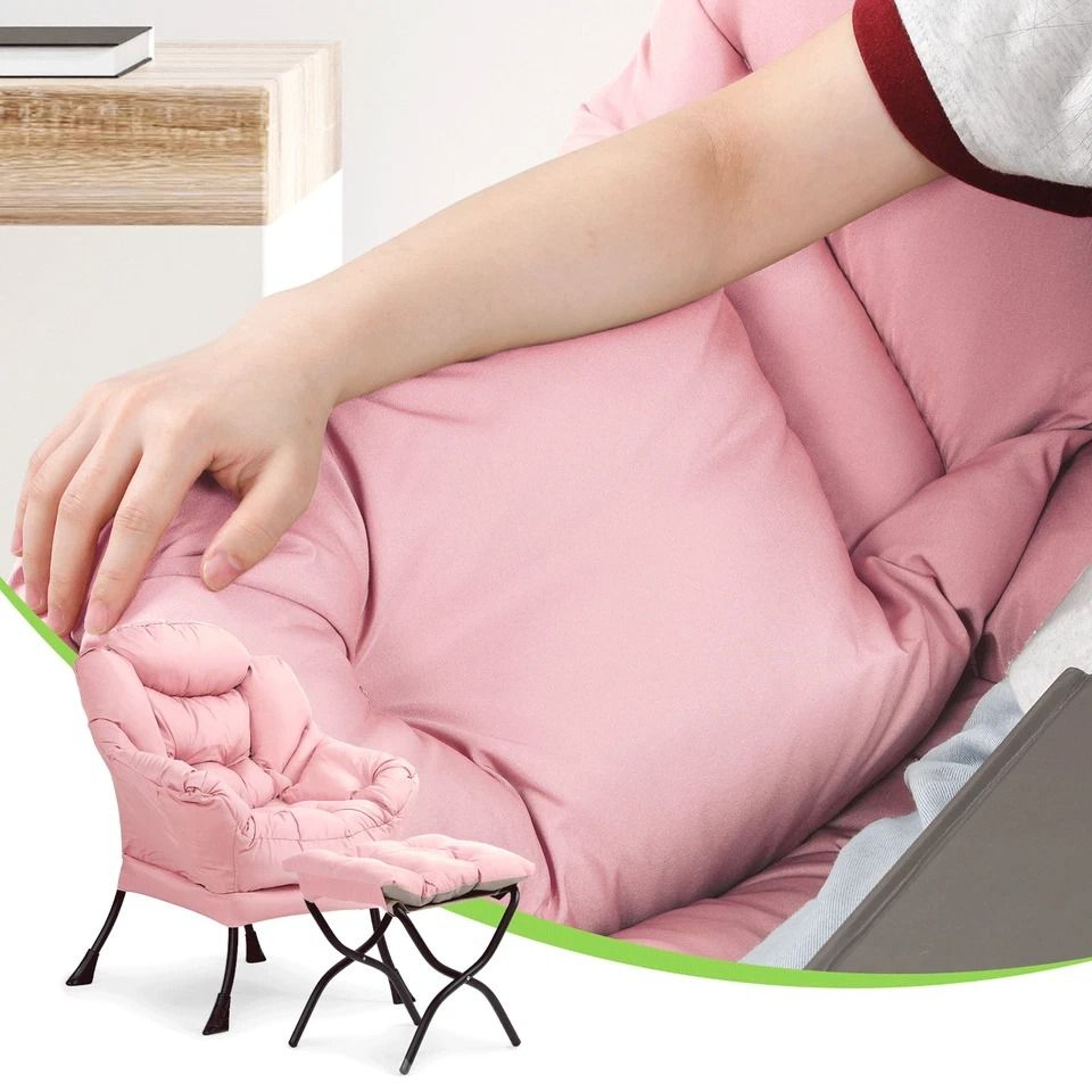Modern Pink Accent Chair With Ottoman Lazy Sofa Armchair Foldable Comfortable Living Room Seat 6