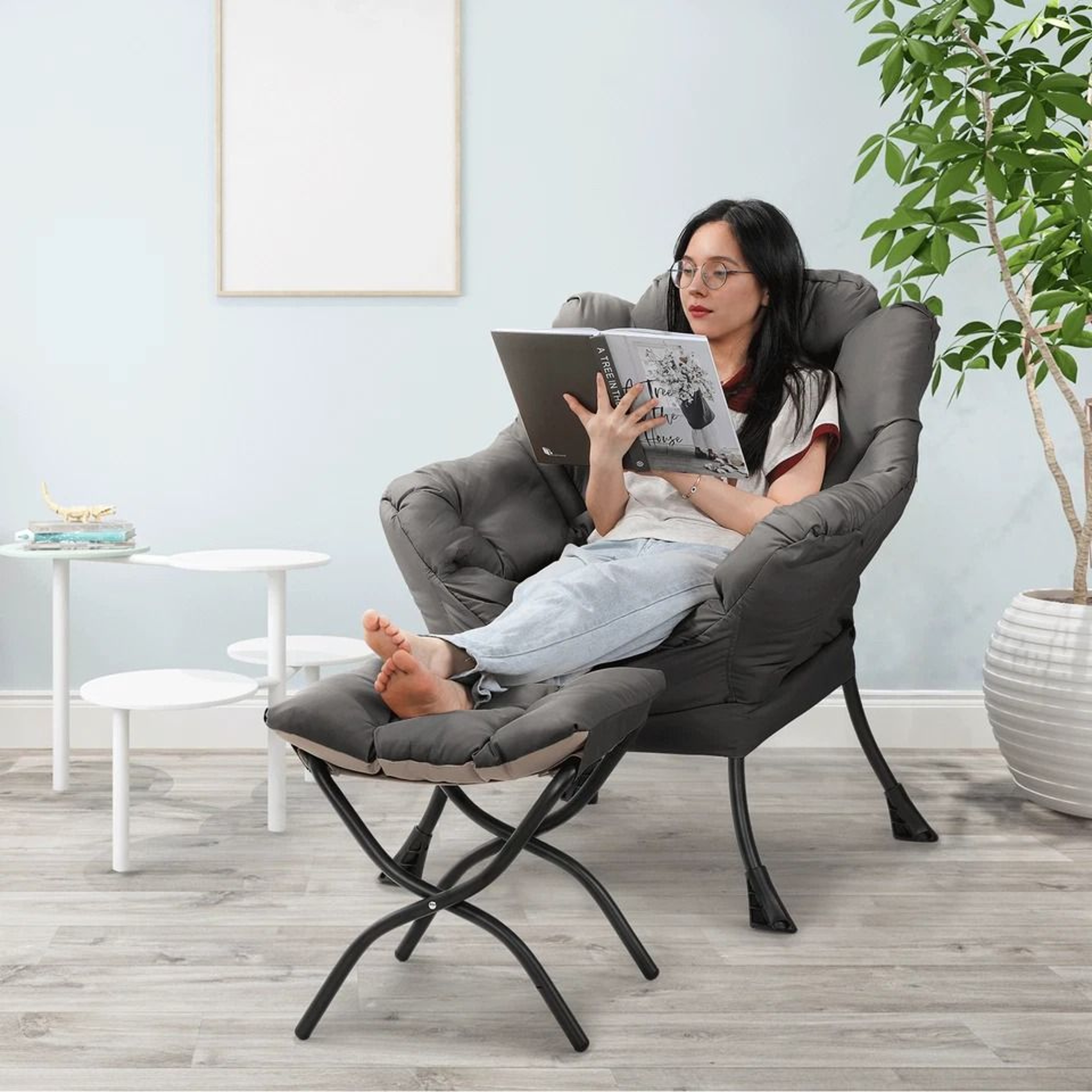 Upholstered Modern Gray Soft Accent Chair Living Room Lazy Sofa Chair With Ottoman 2