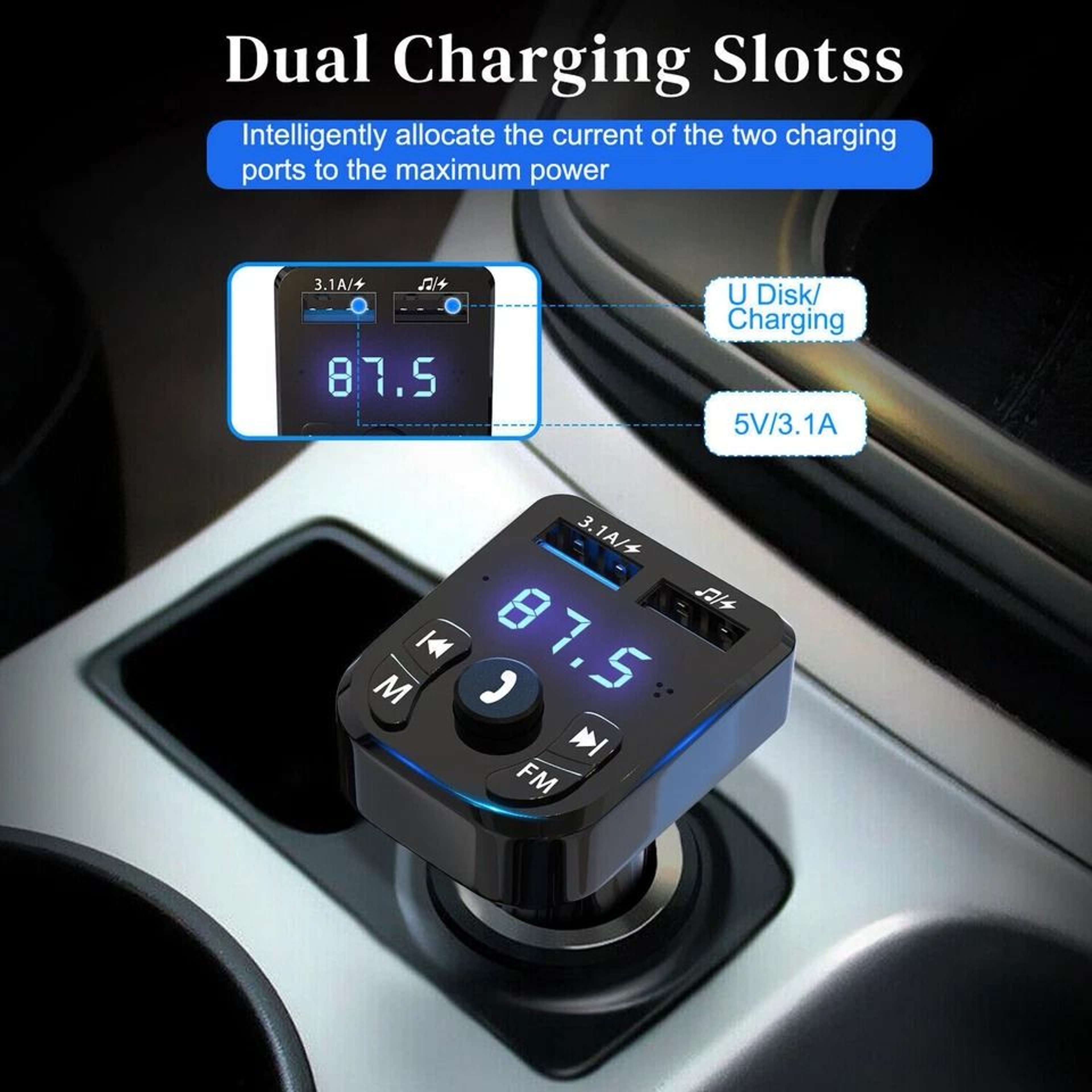 FM Transmitter Adapter With Bluetooth Car Wireless USB PD Charger AUX HandsFree 6