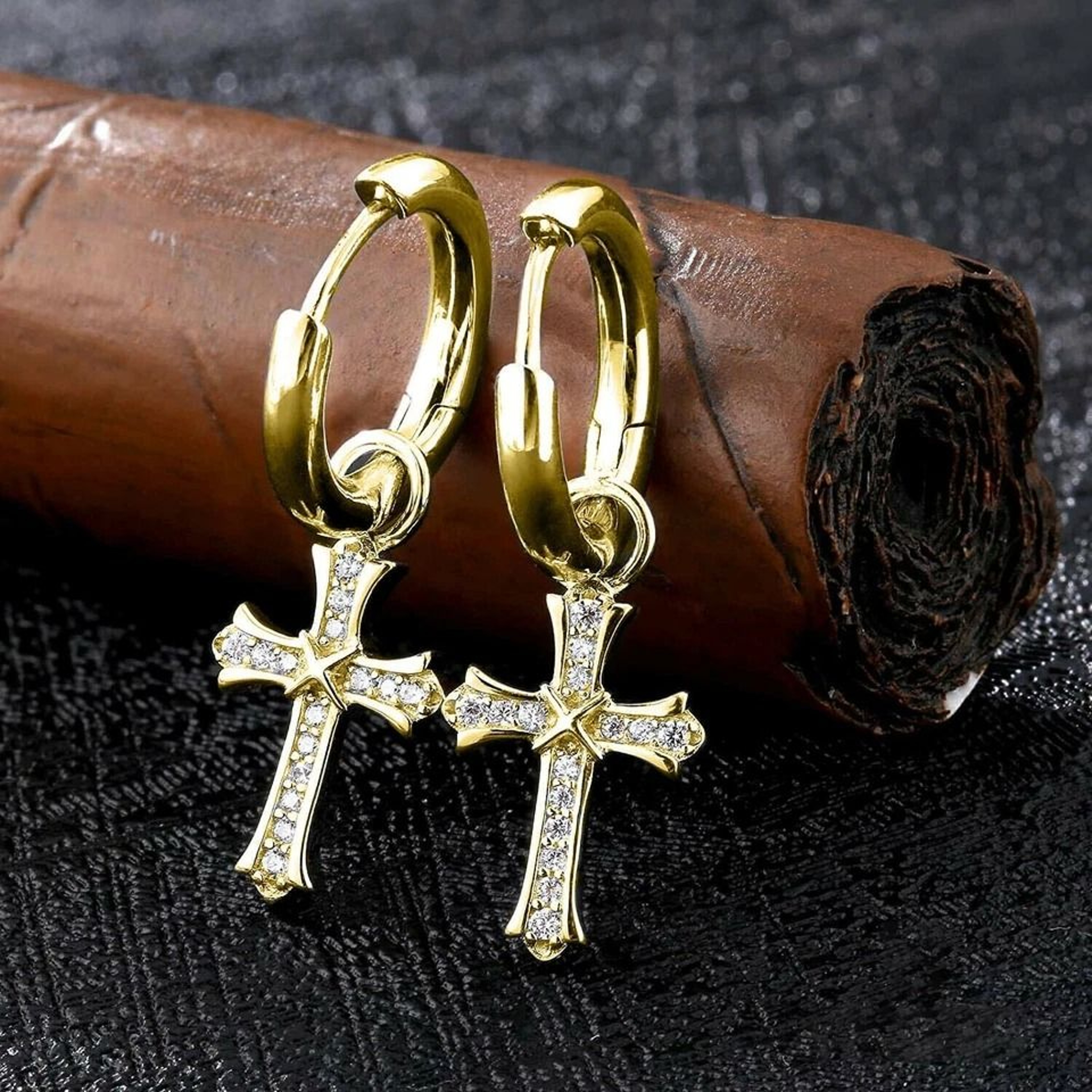 Men  Women Gold Plated CZ Cross Leverback Huggie Hoop Drop Earrings 0