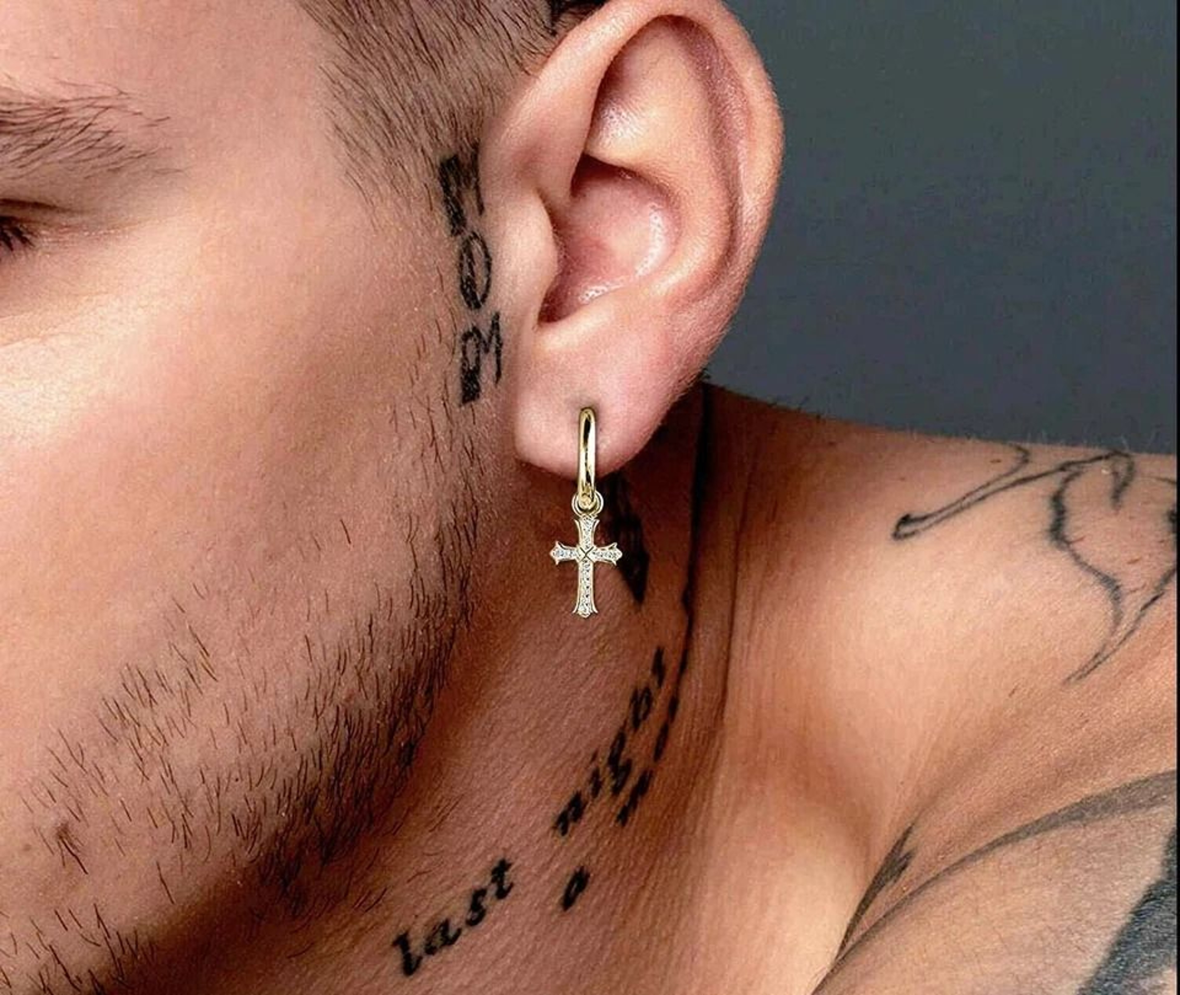 Men  Women Gold Plated CZ Cross Leverback Huggie Hoop Drop Earrings 2
