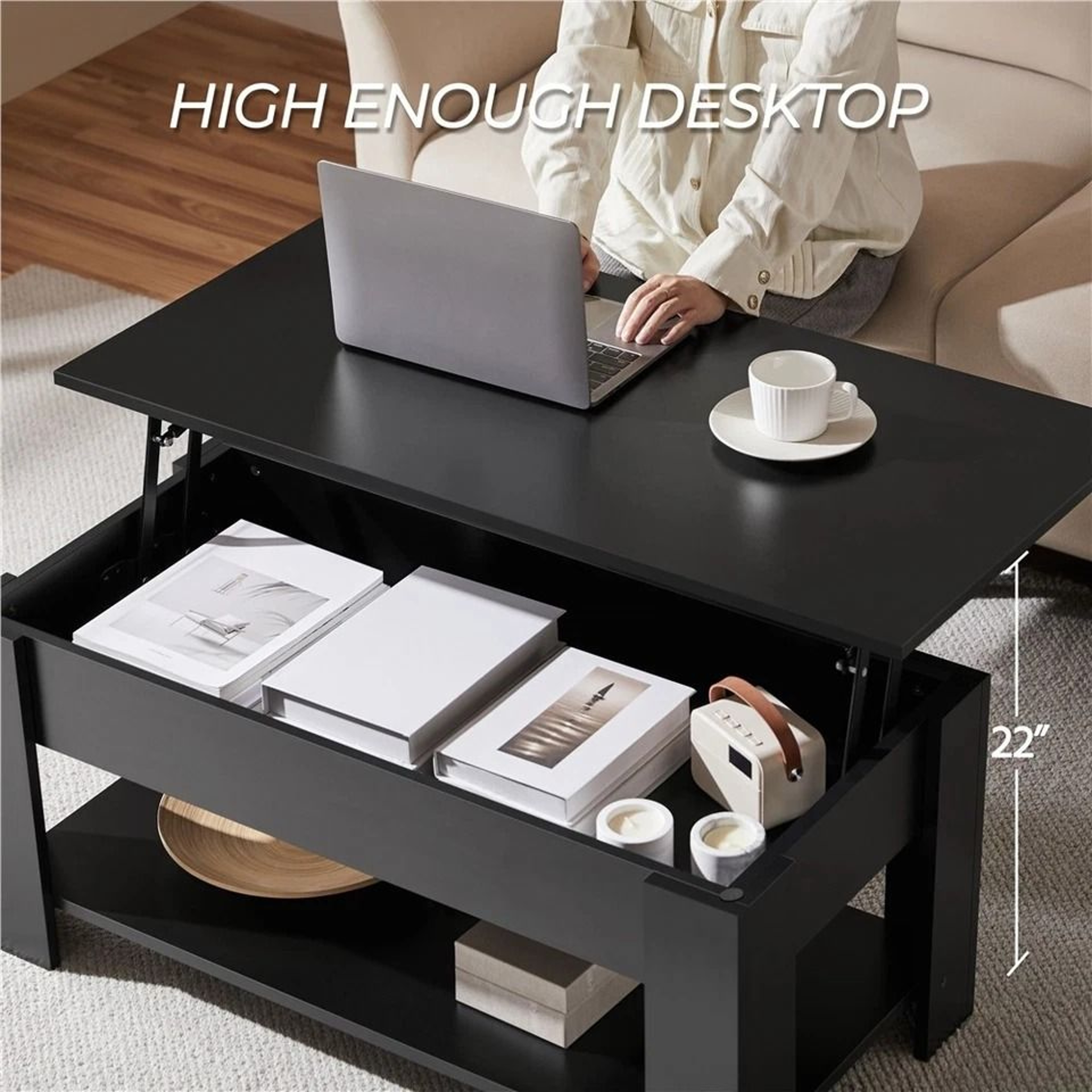 White Lift Top Coffee Table With Hidden Storage  Shelf Modern Design SpaceSaving And Durable 3