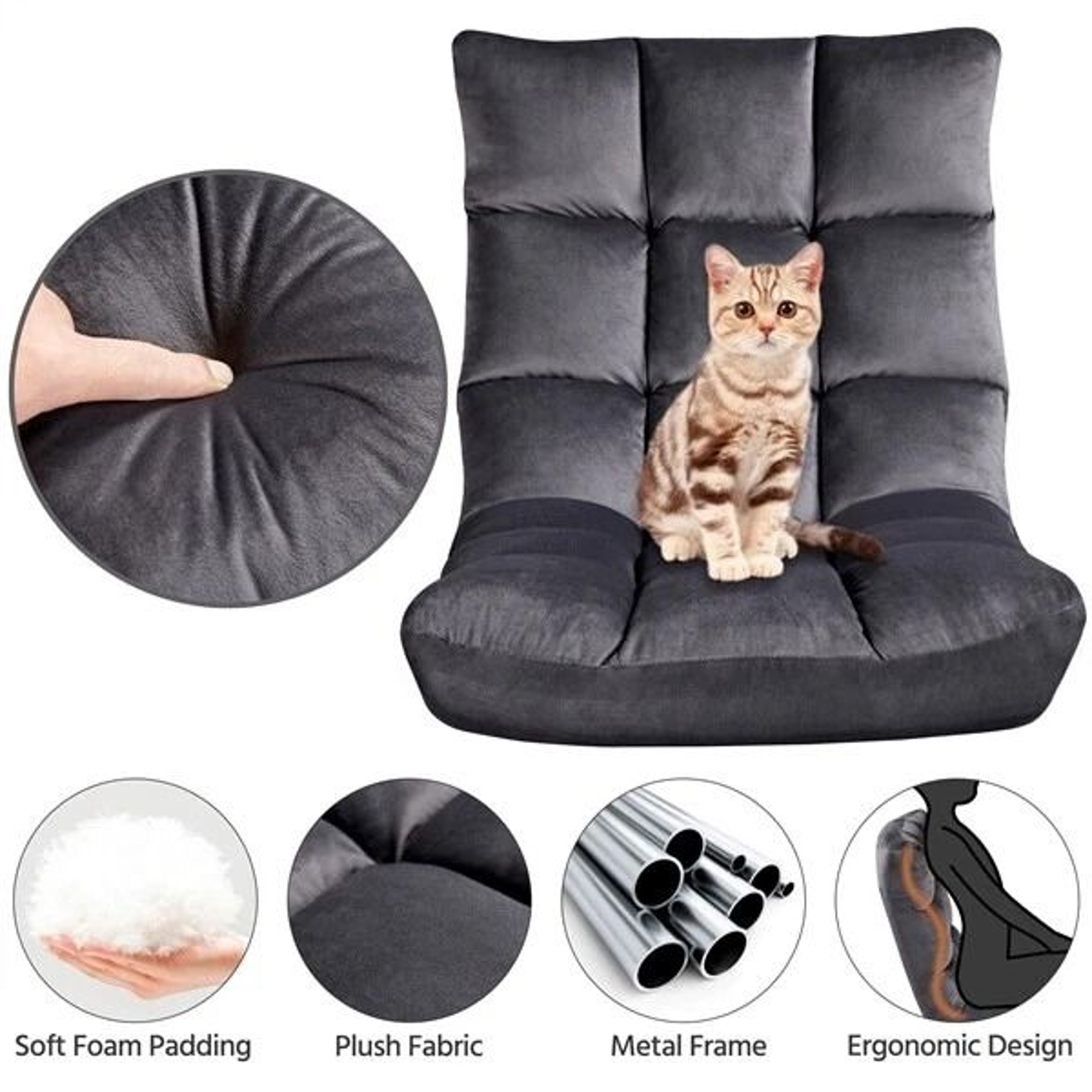 Folding Lounge Chair With Back Support Adjustable Padded Floor Chair Gray Floor Sofa For Gaming 7