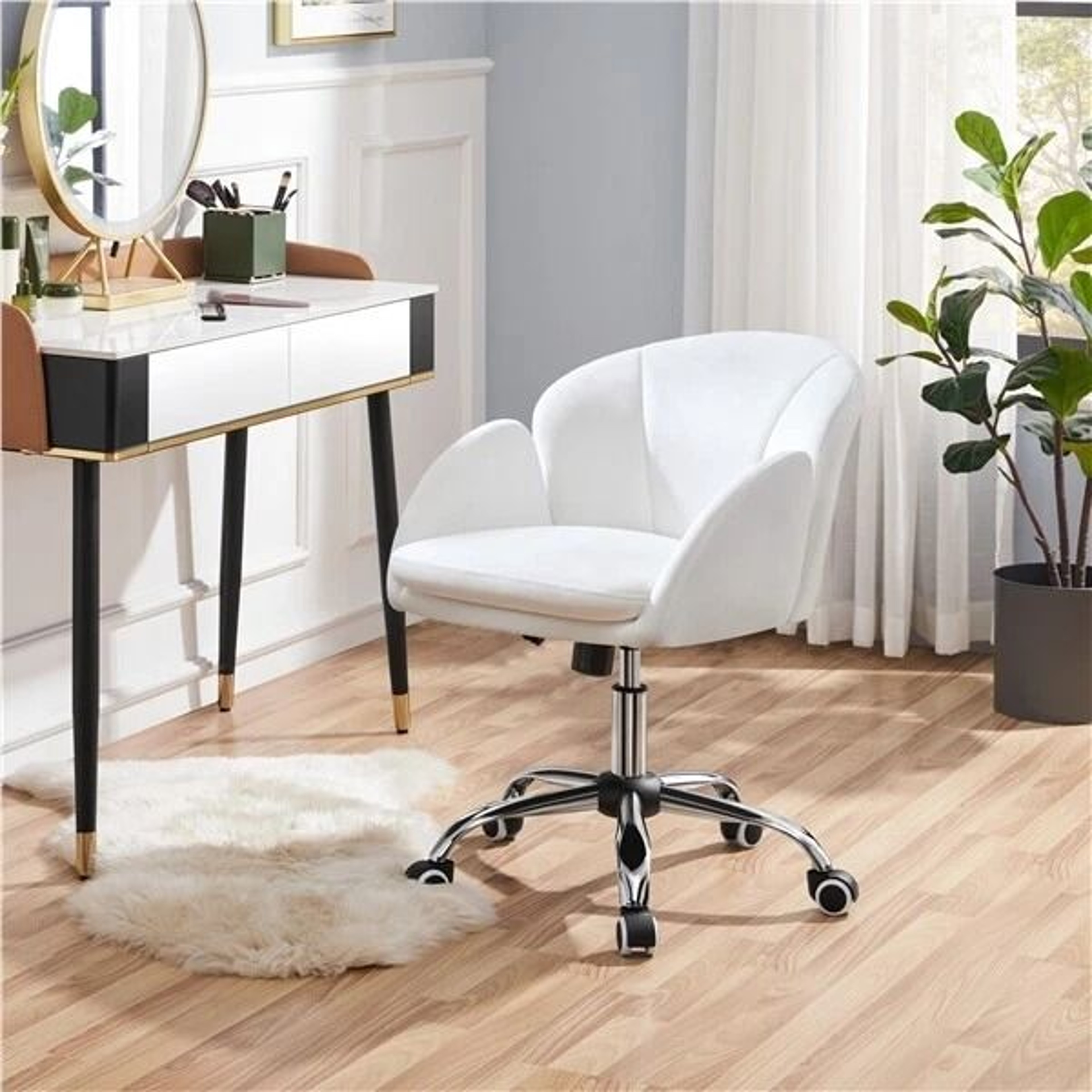 Snowy Cute Petal Vanity Chair Adjustable Swivel Makeup Chair For Women Soft Velvet Office Chair 9