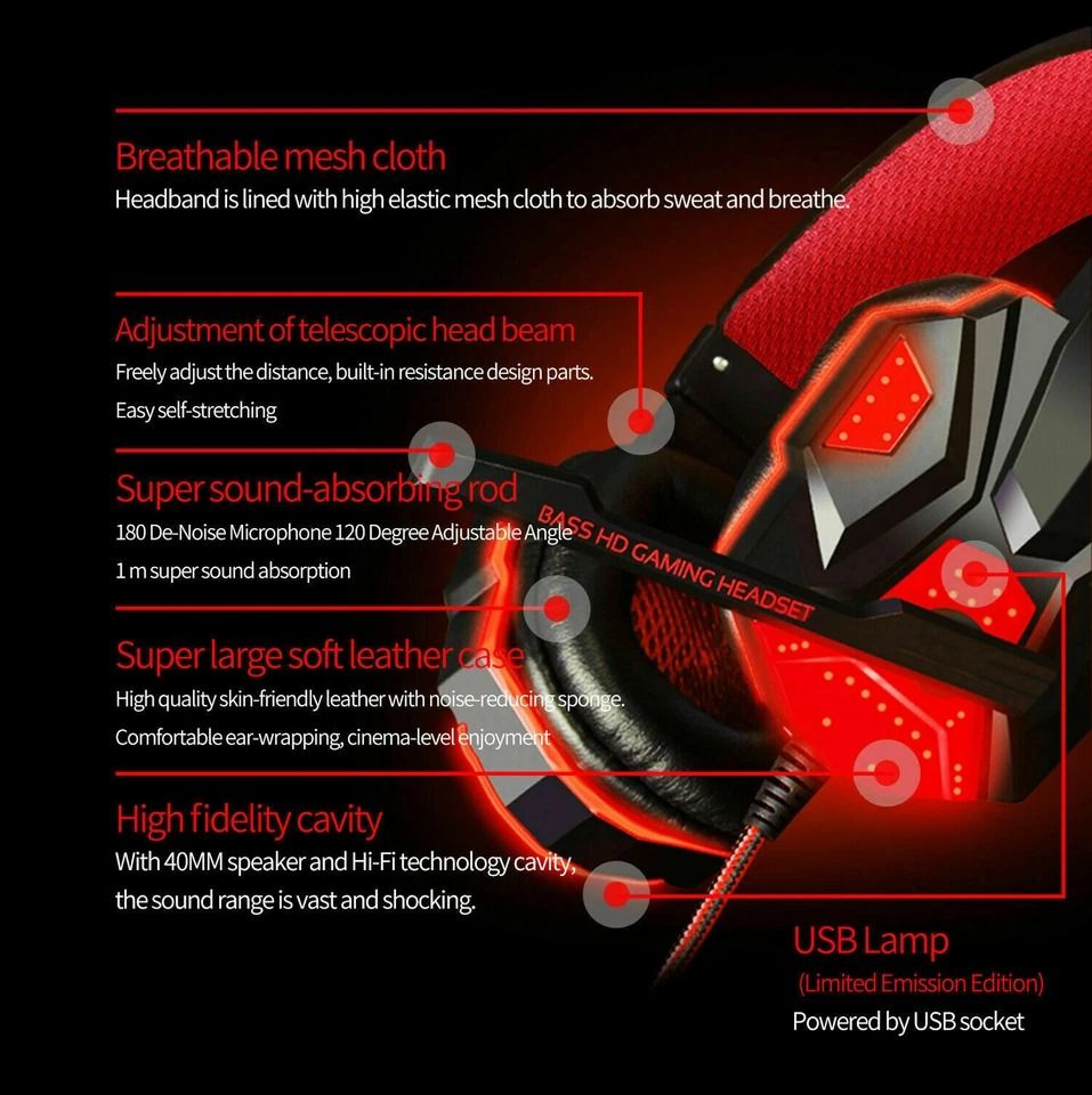 LED Gaming Headset With Stereo Bass For PC Xbox One Comfortable Surround Sound 4