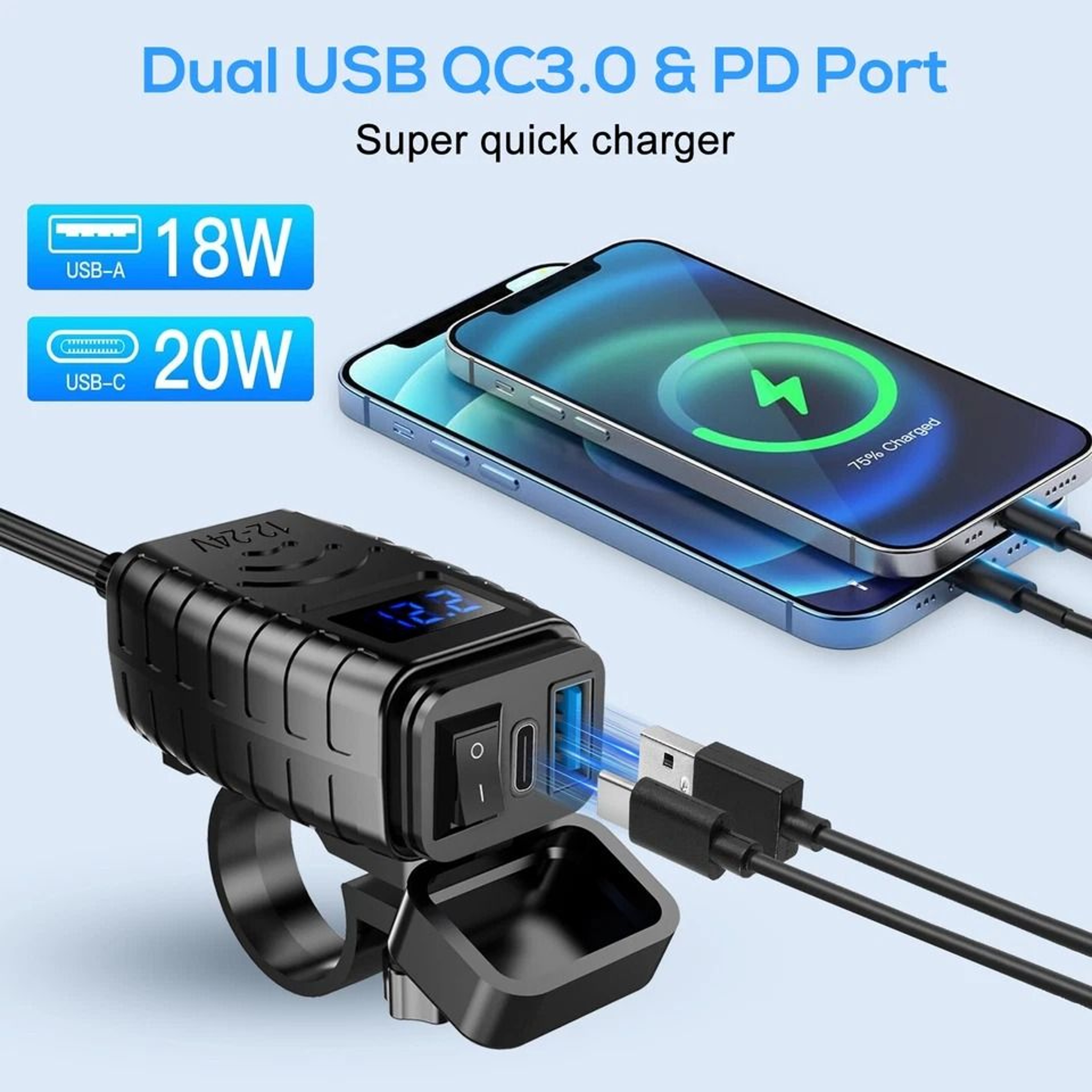 Motorcycle Dual USB Super Fast Charger Adapter Waterproof  LED Display For Phone 2