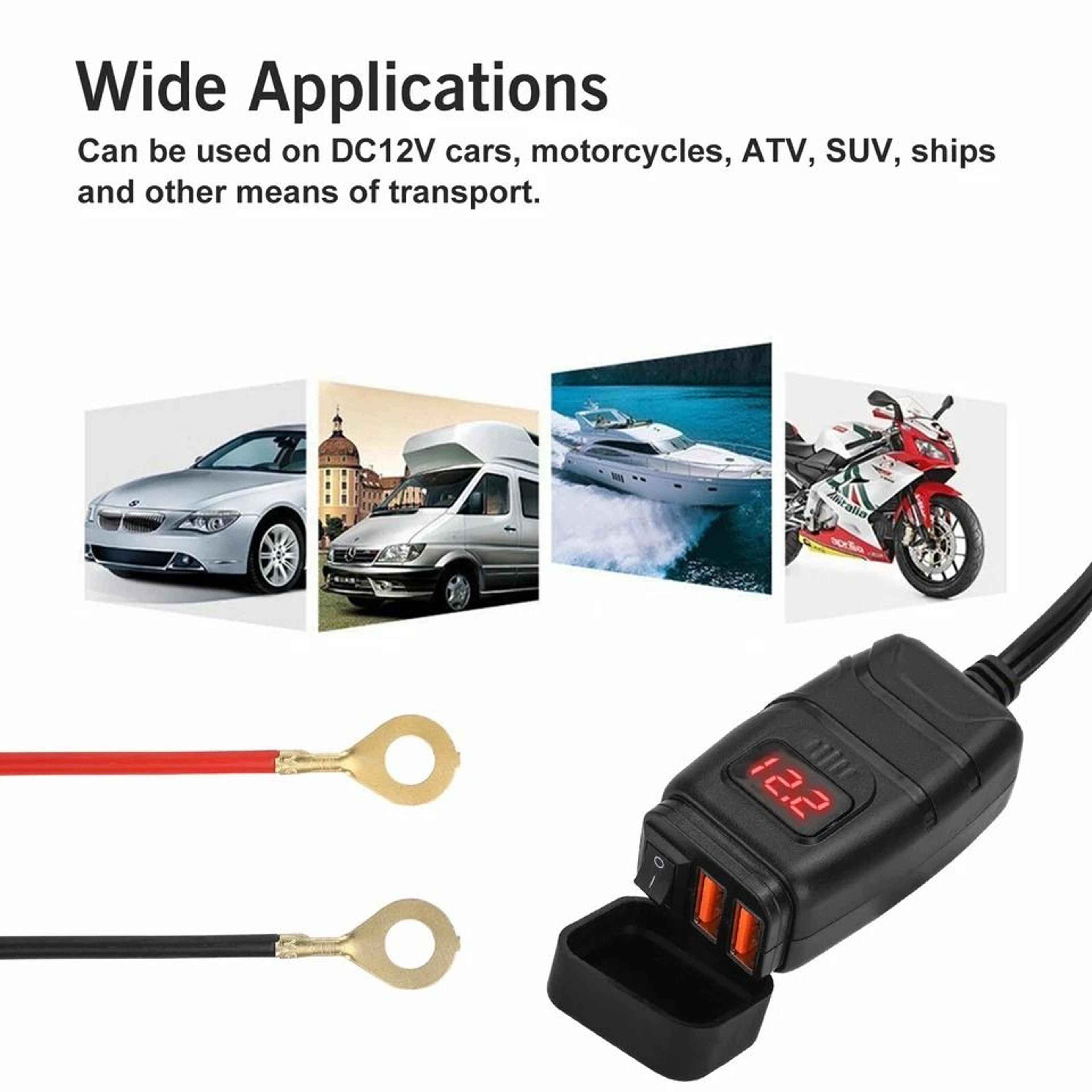 Motorcycle USB Charger Quick Charge Dual USB For Phones  GPS Waterproof Handlebar Mount 3