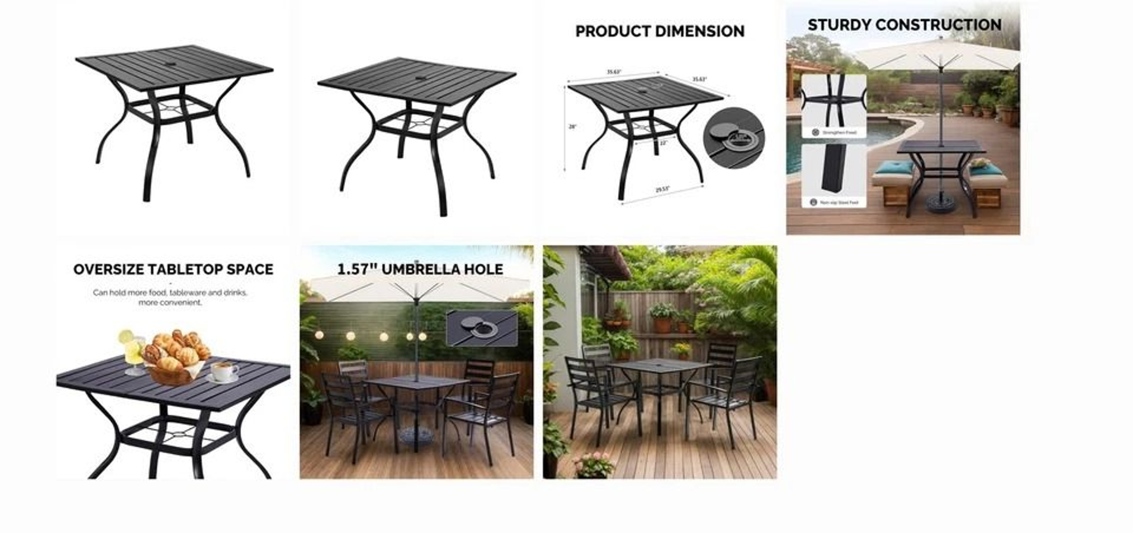 Outdoor Metal Bar Table With Umbrella Hole Durable Slatted Design 1