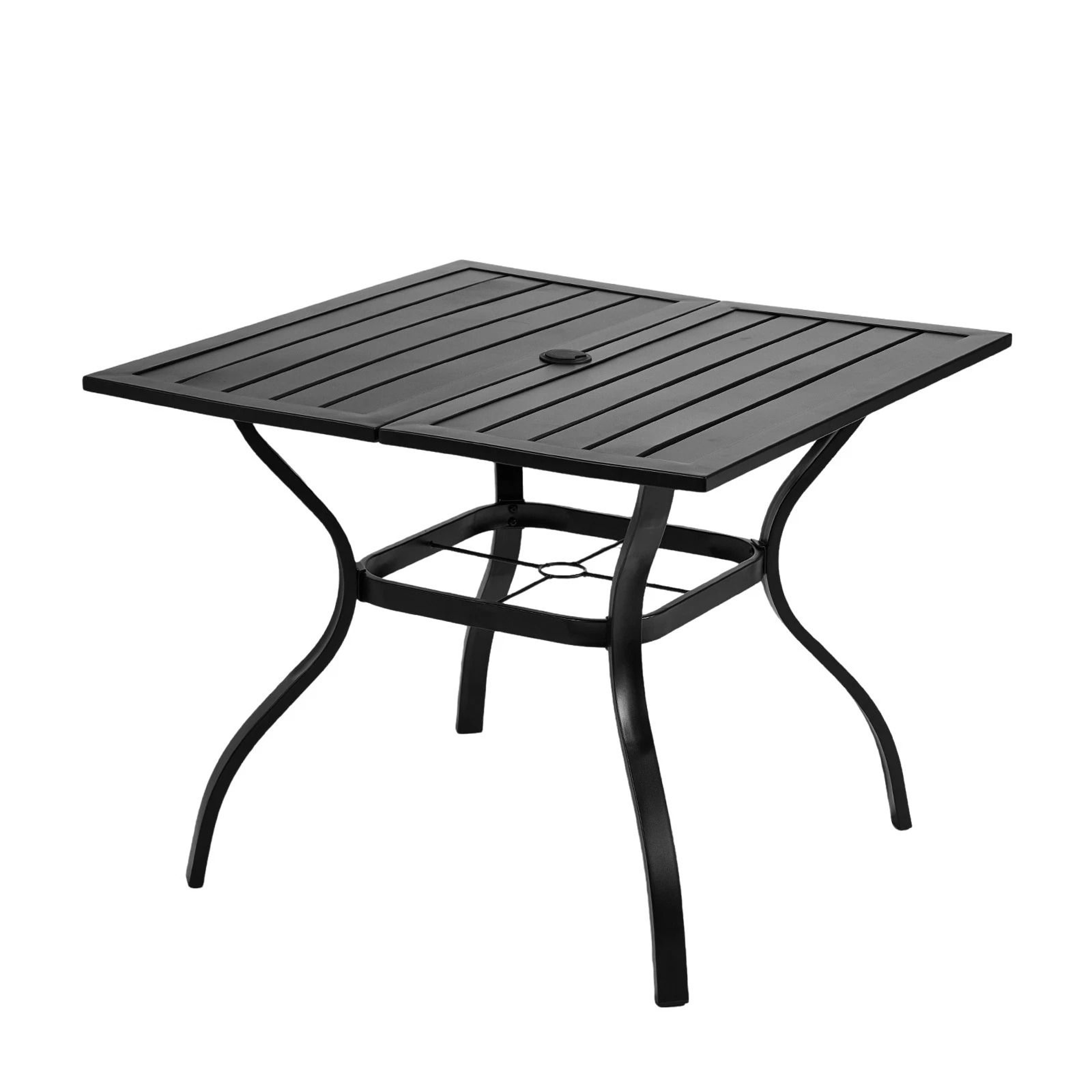 Outdoor Metal Bar Table With Umbrella Hole Durable Slatted Design 6