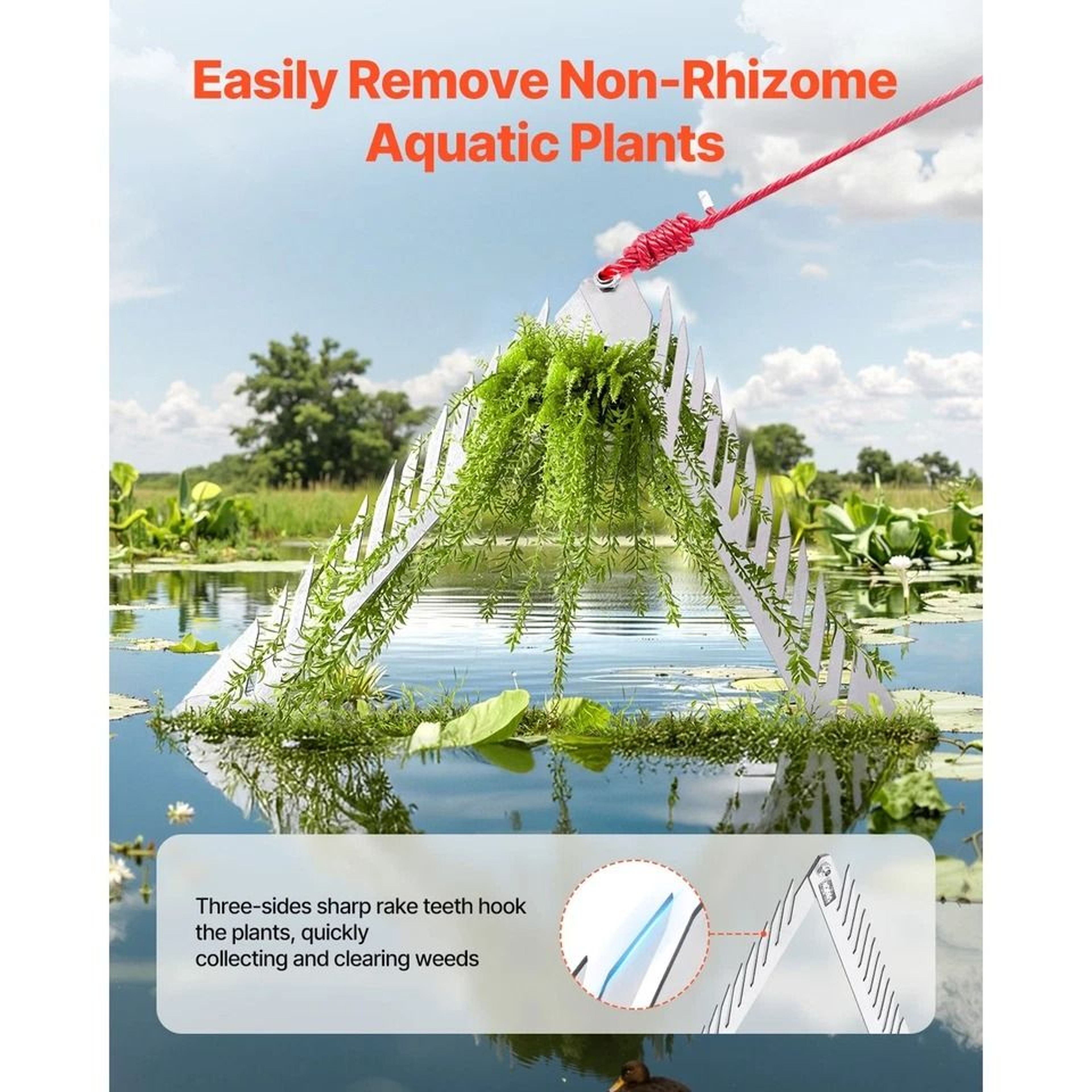 Aquatic Weed Rake With Handle Triangular Foldable Design  Rope For Pond  Lake Cleanup 1