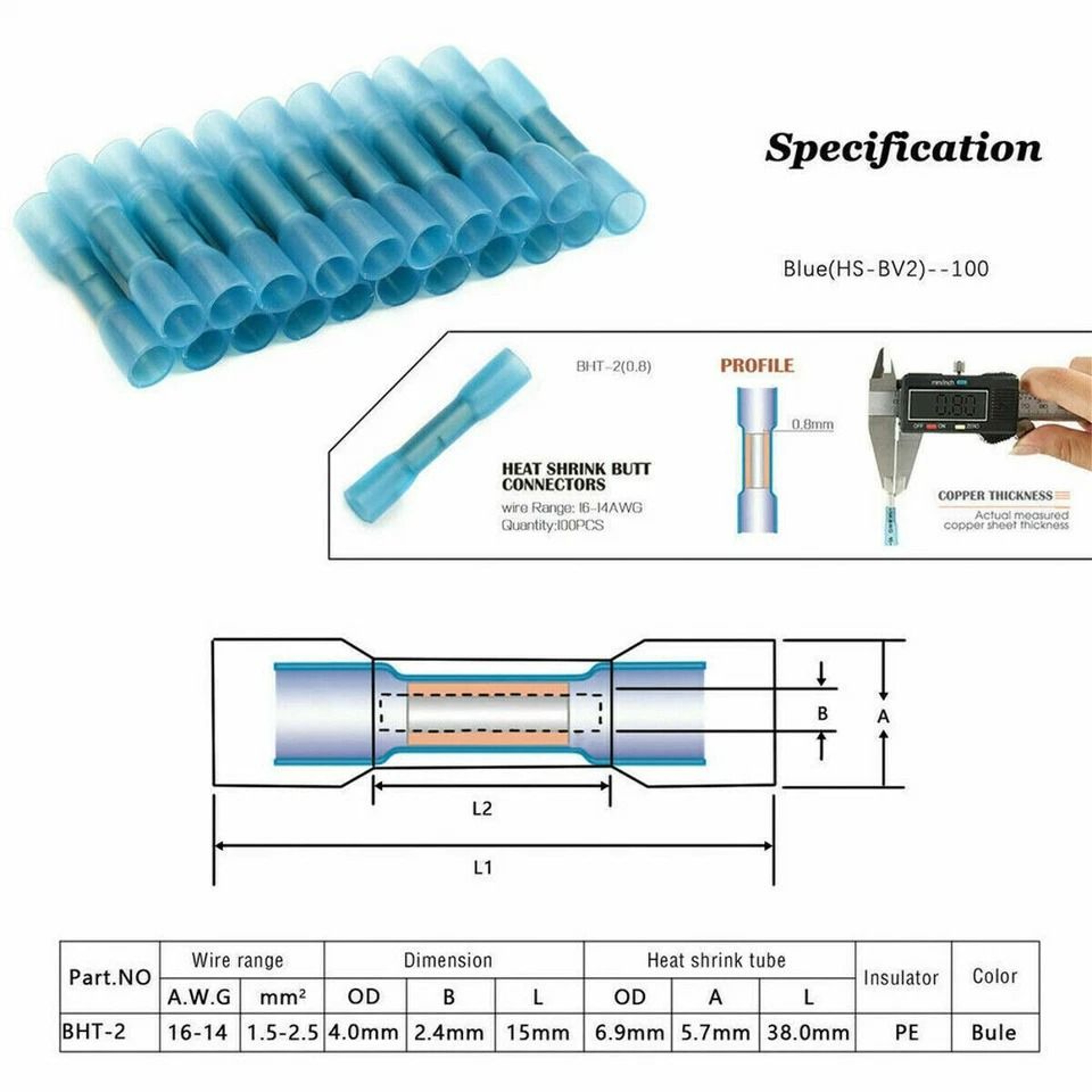 Blue Heat Shrink Butt Wire Connectors For AWG Waterproof Crimp Terminals 11
