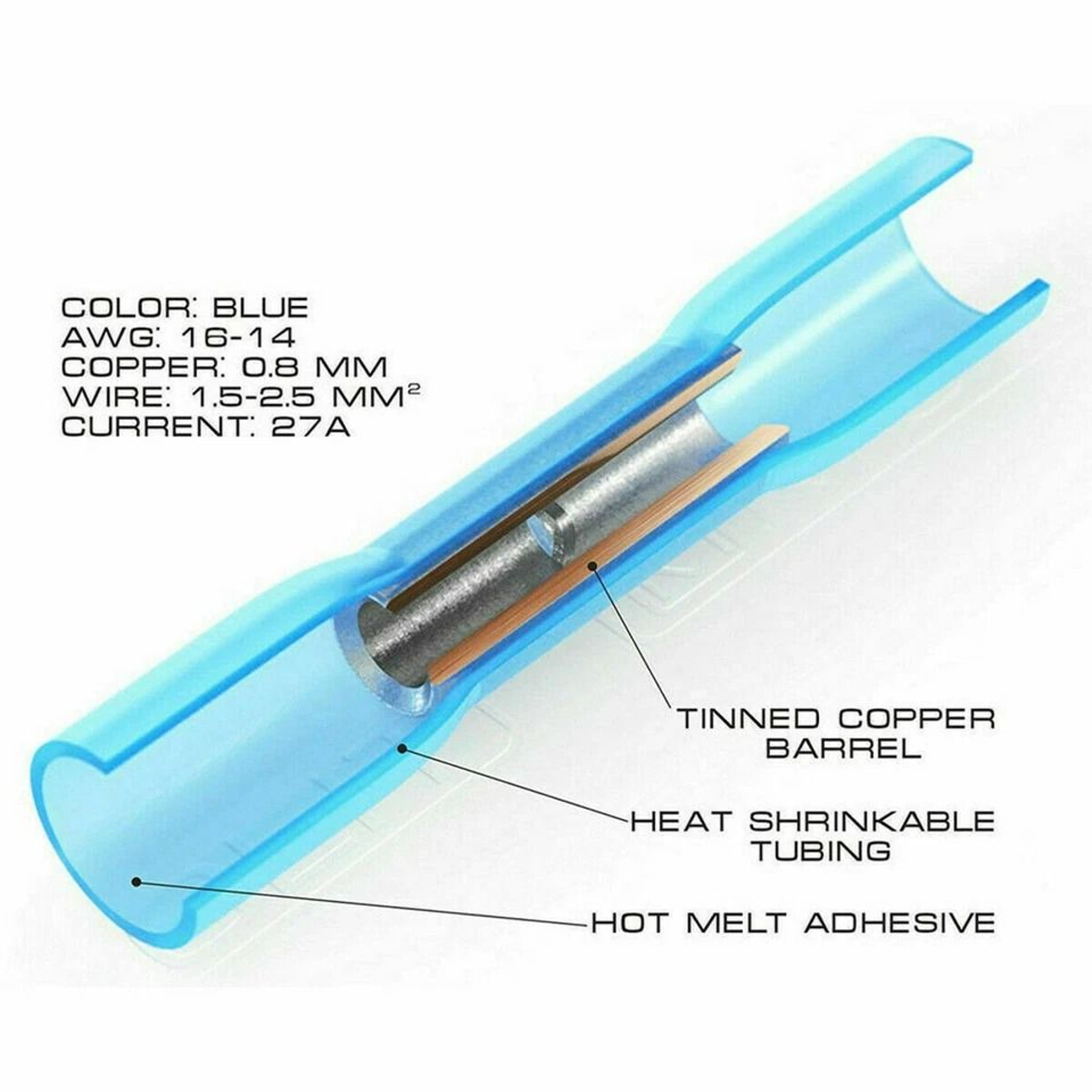 Blue Heat Shrink Butt Wire Connectors For AWG Waterproof Crimp Terminals 18