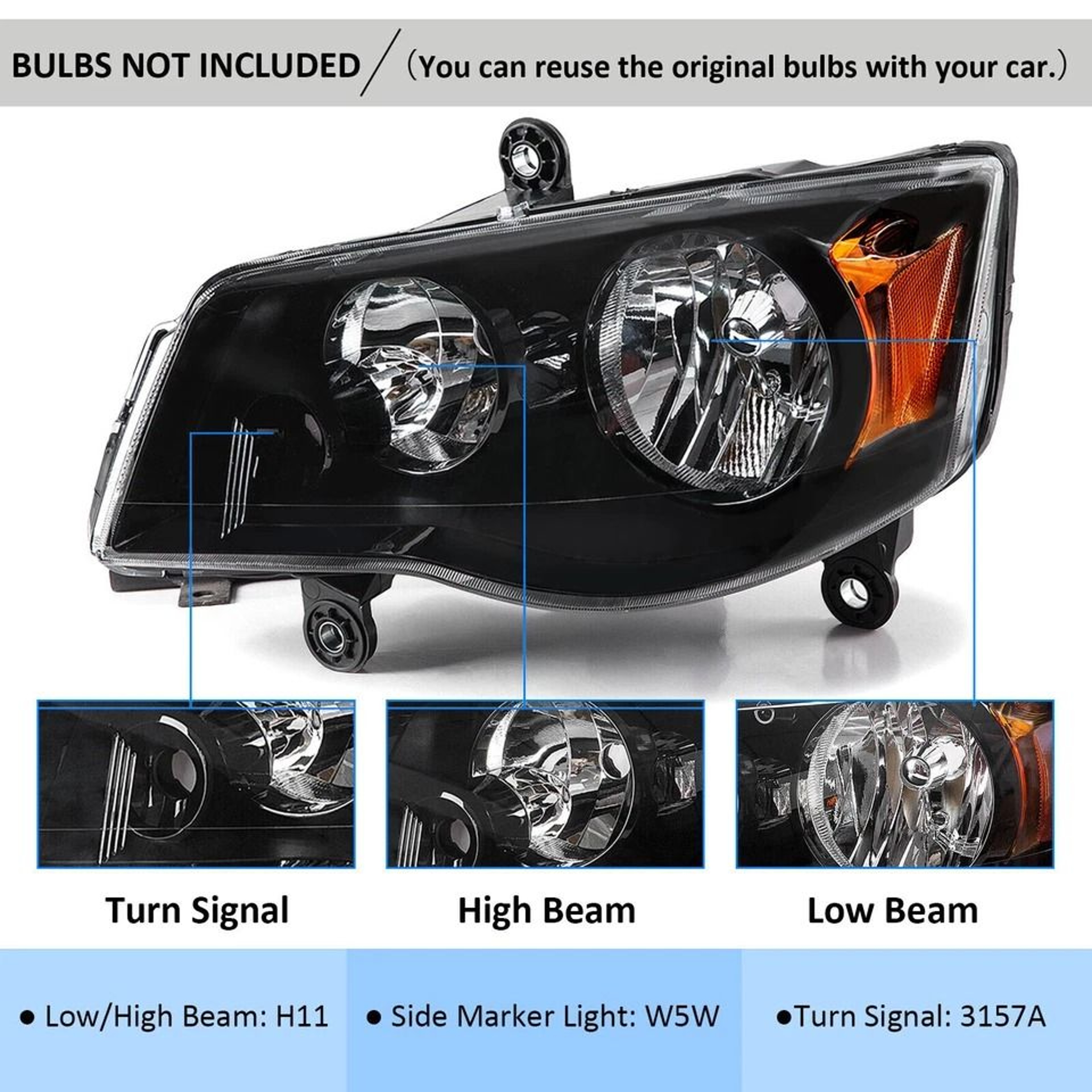Premium Driver Side Headlight Assembly For Chrysler Town  Country  Dodge Grand Caravan Replacement  1