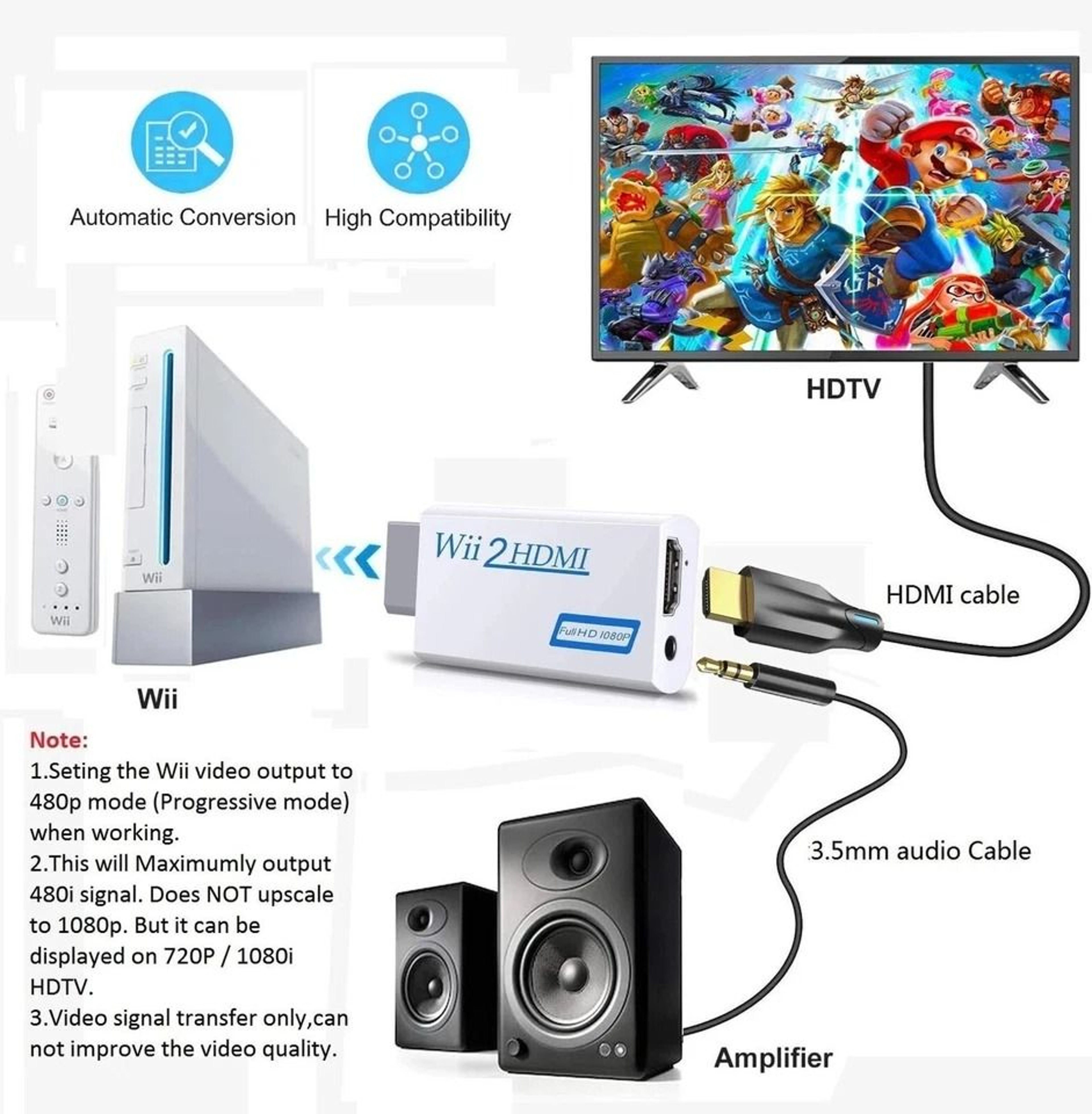 Wii To HDMI Converter Adapter HD Upscaling With Audio Output For Wii 1