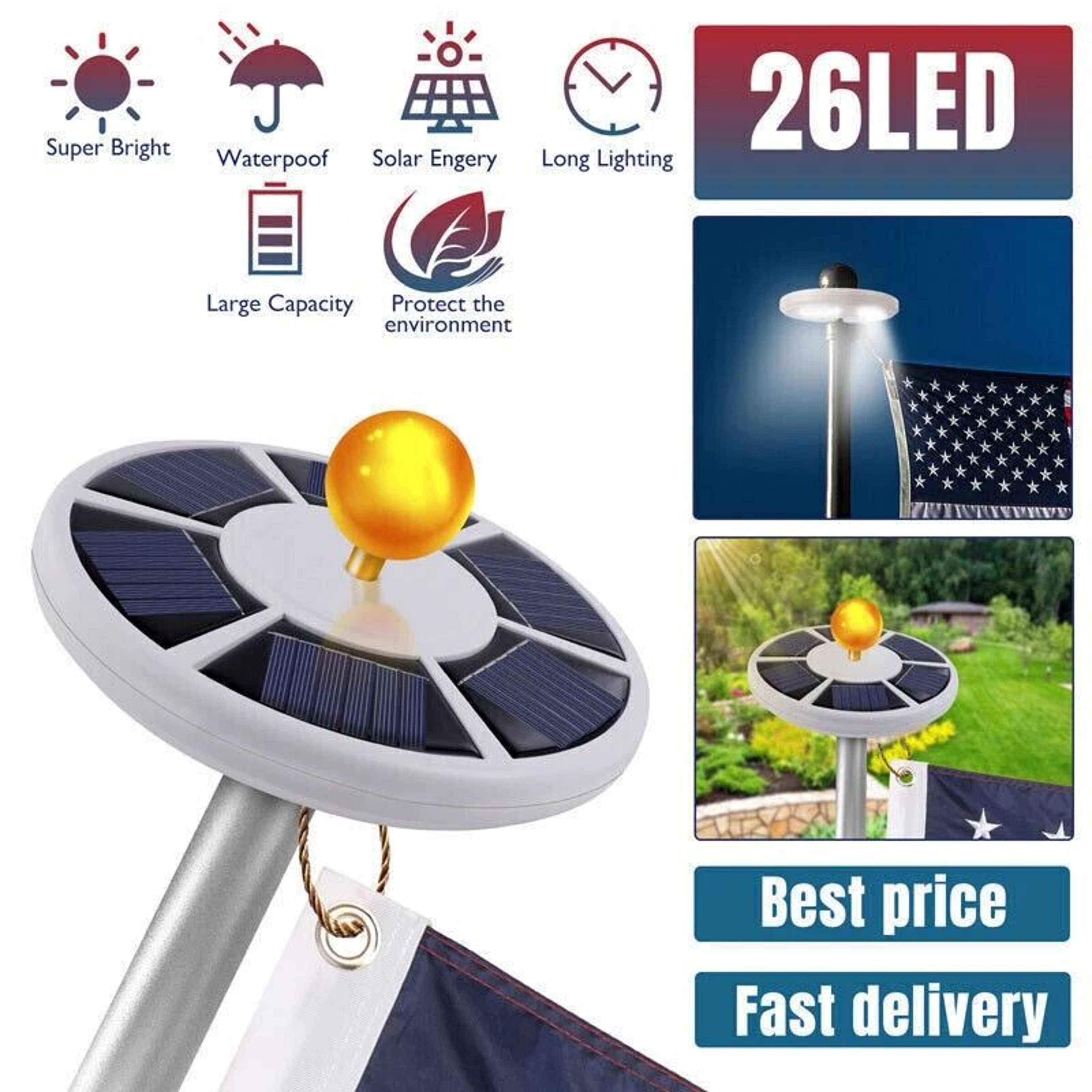 LED Solar Flag Pole Light Outdoor Waterproof Dusk To Dawn For Poles 4