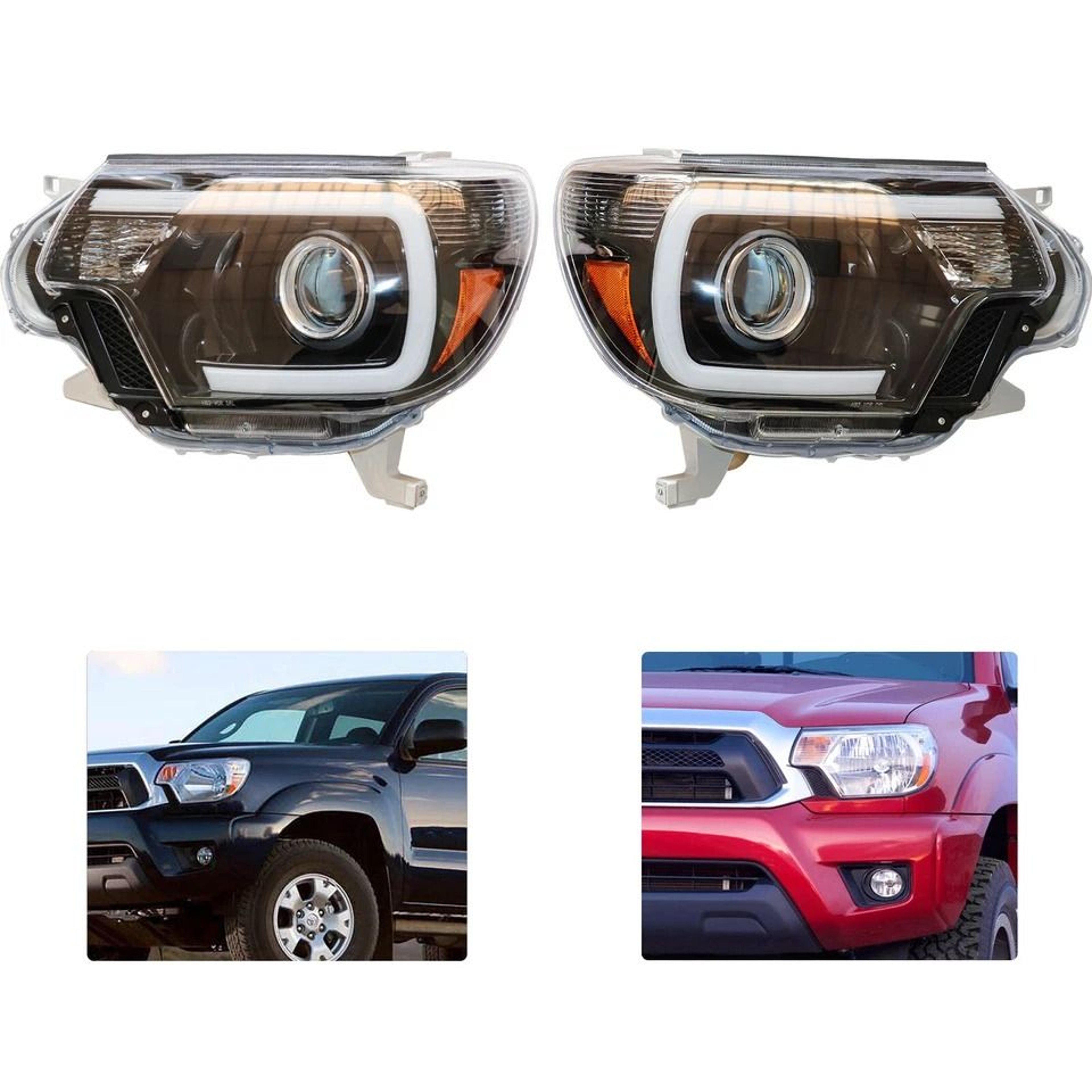 Projector Headlights With LED DRL Bar Black Housing Pair 1