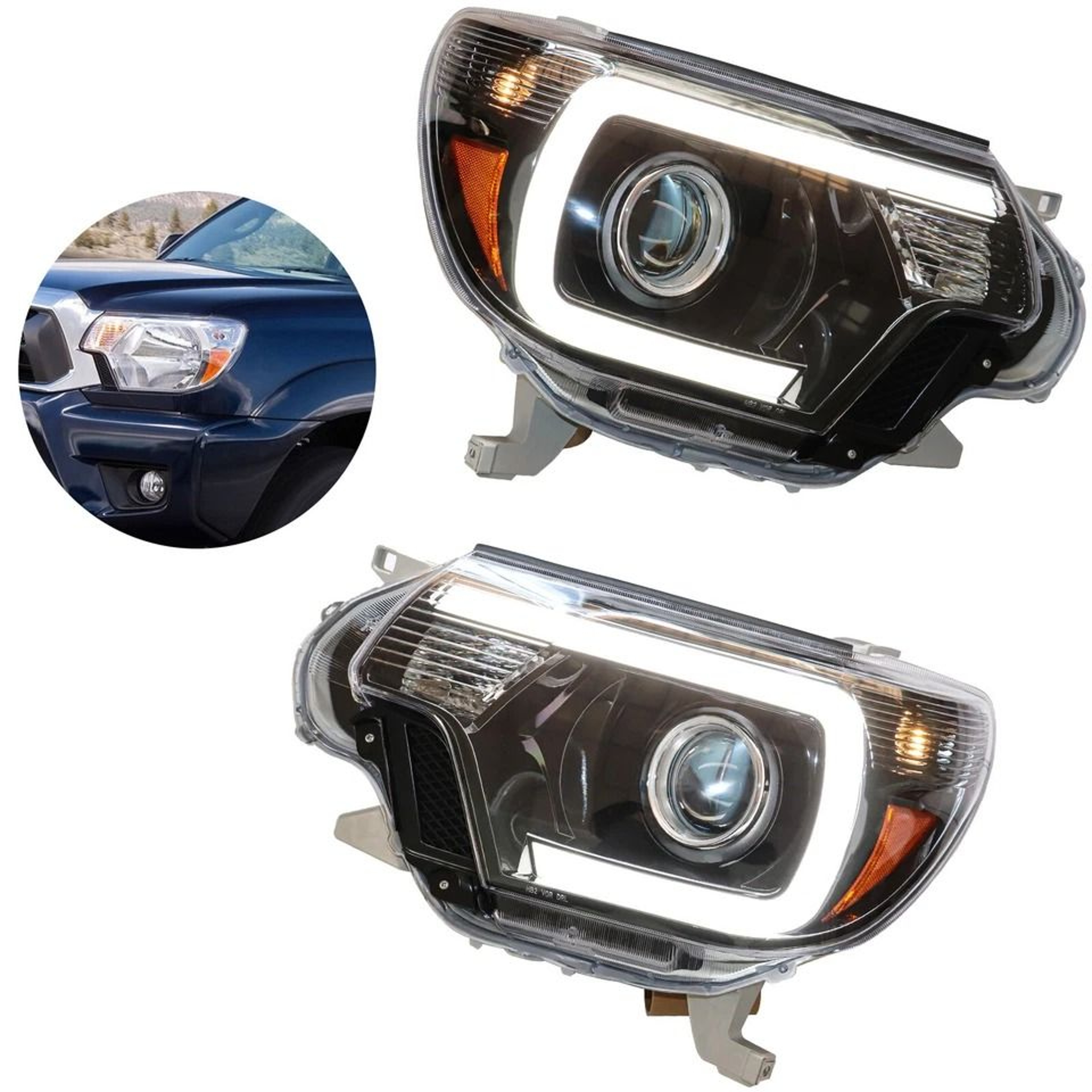 Projector Headlights With LED DRL Bar Black Housing Pair 10