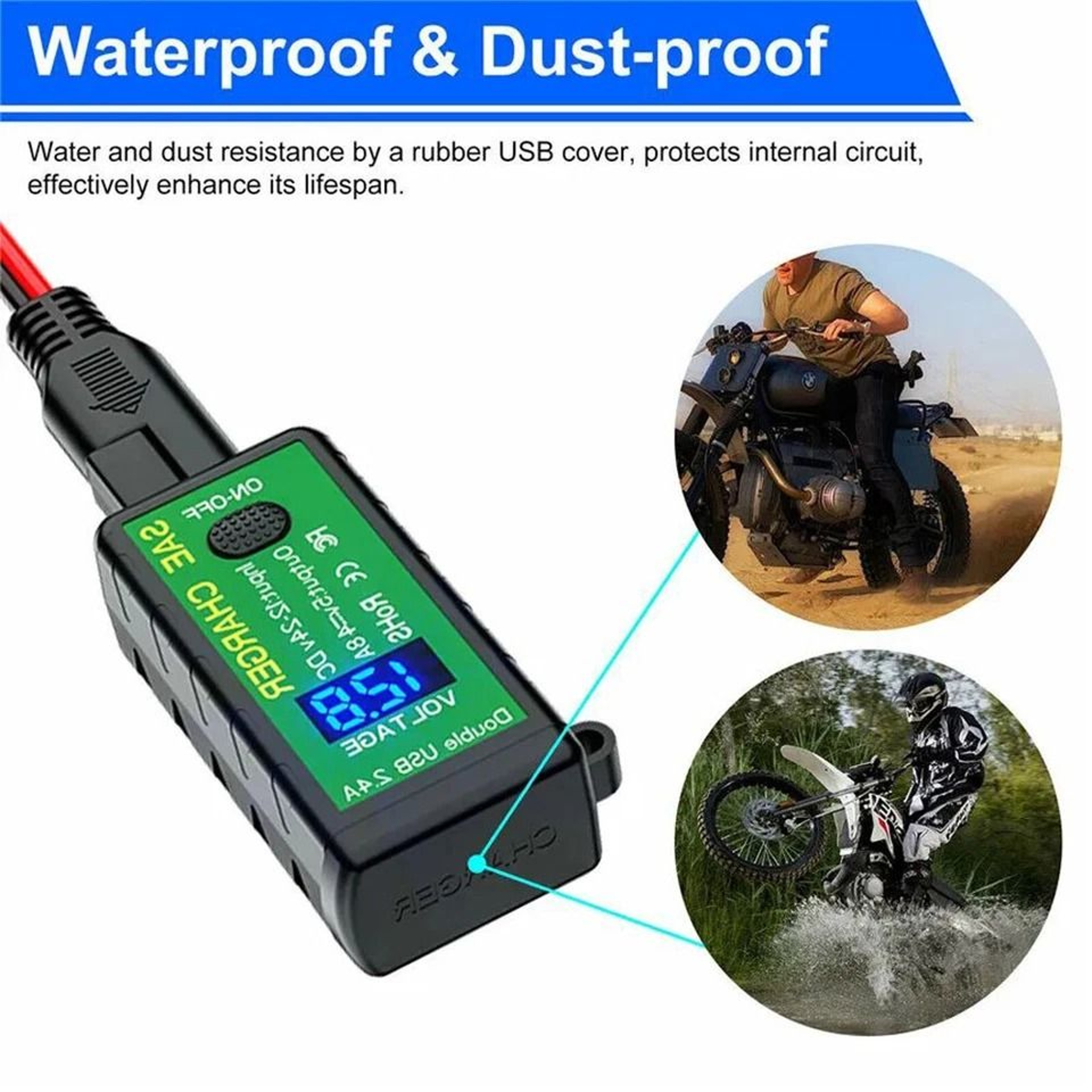 Waterproof Motorcycle USB Charger SAE To Dual USB Adapter With Voltmeter For ATV UTV 3