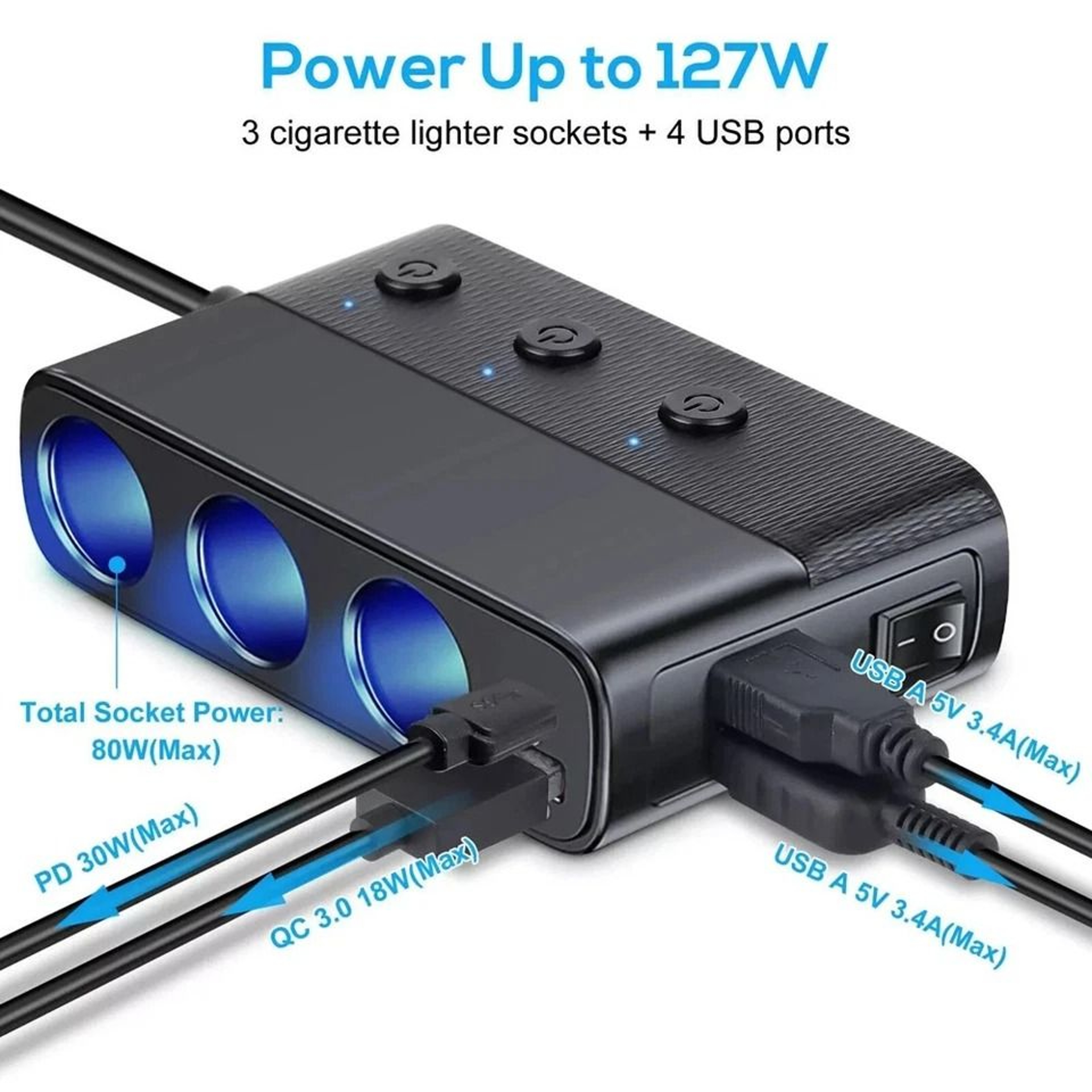 Car Cigarette Lighter Splitter With USB C Fast Charging And LED Voltmeter 5