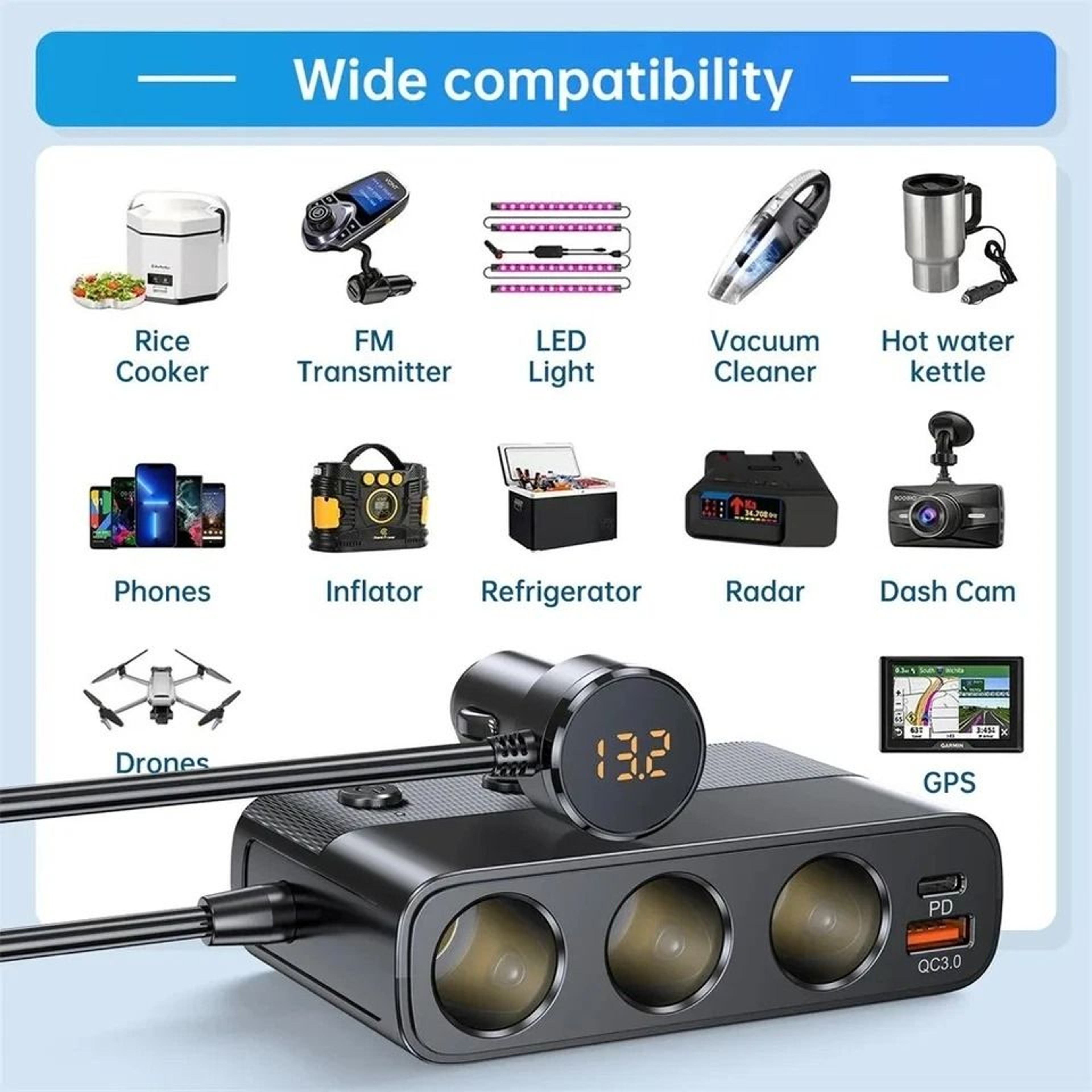 Car Cigarette Lighter Splitter With USB C Fast Charging And LED Voltmeter 7