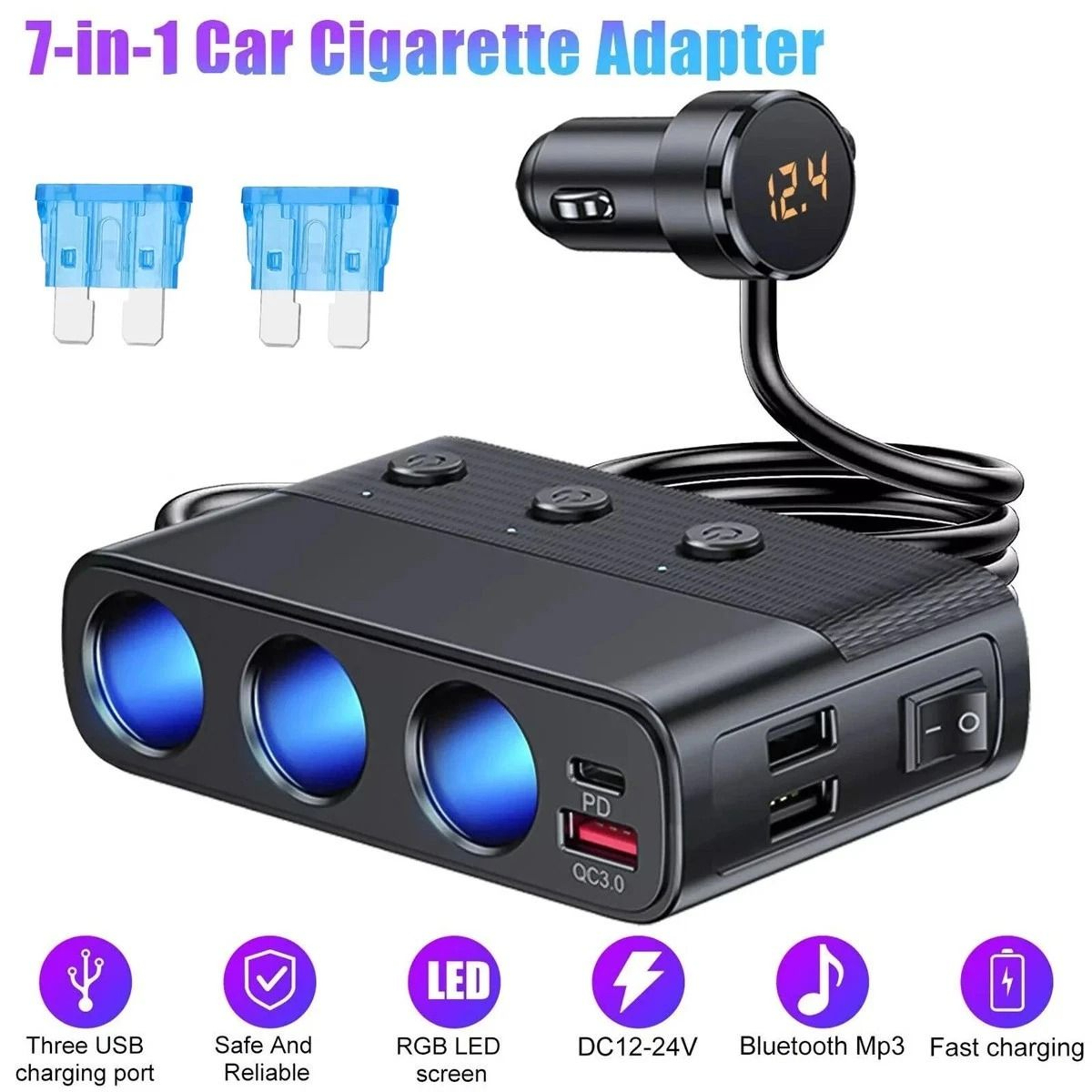 Car Cigarette Lighter Splitter With USB C Fast Charging And LED Voltmeter 10
