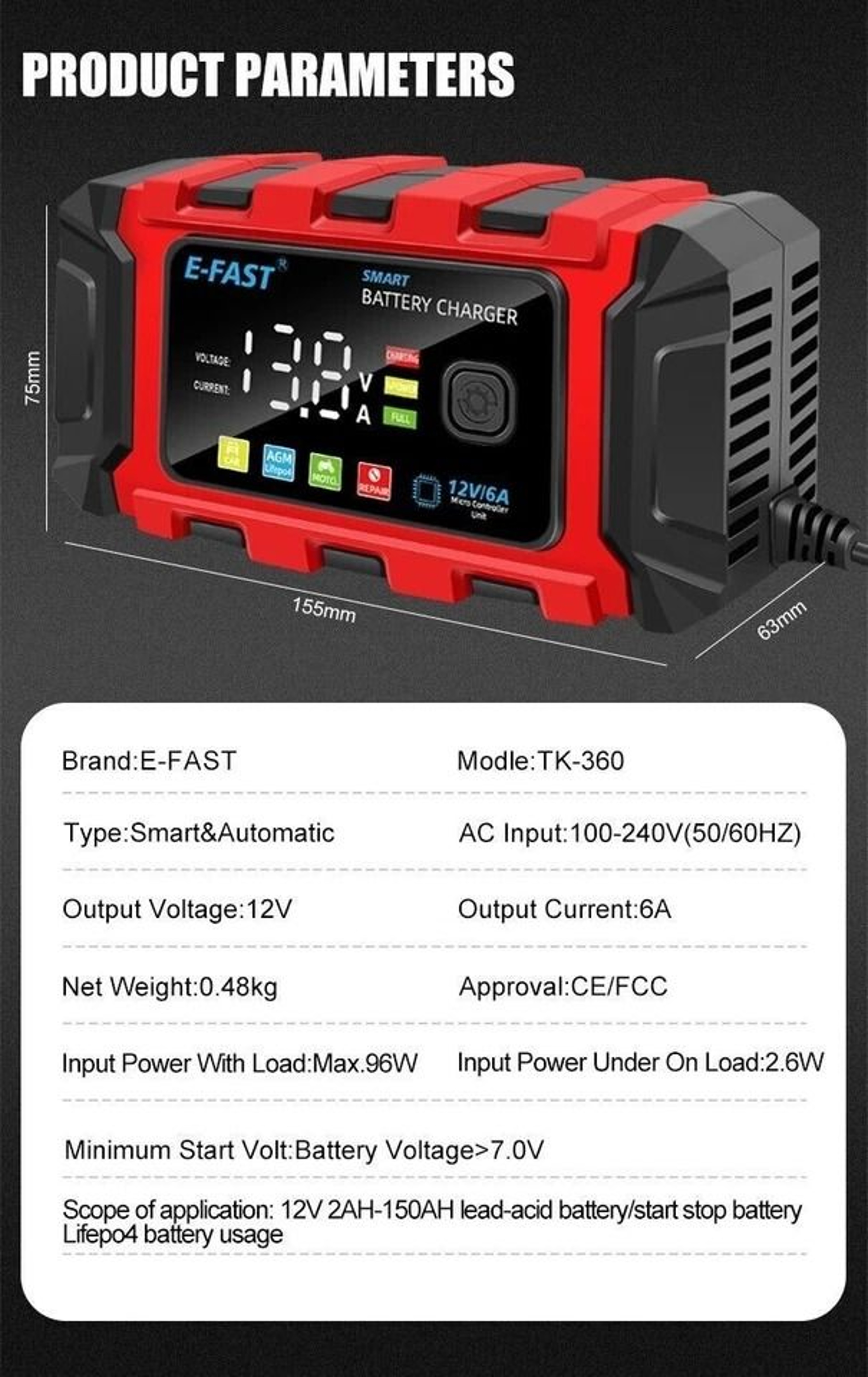 Smart Car Battery Charger Maintainer For Motorcycle AGM Batteries 3