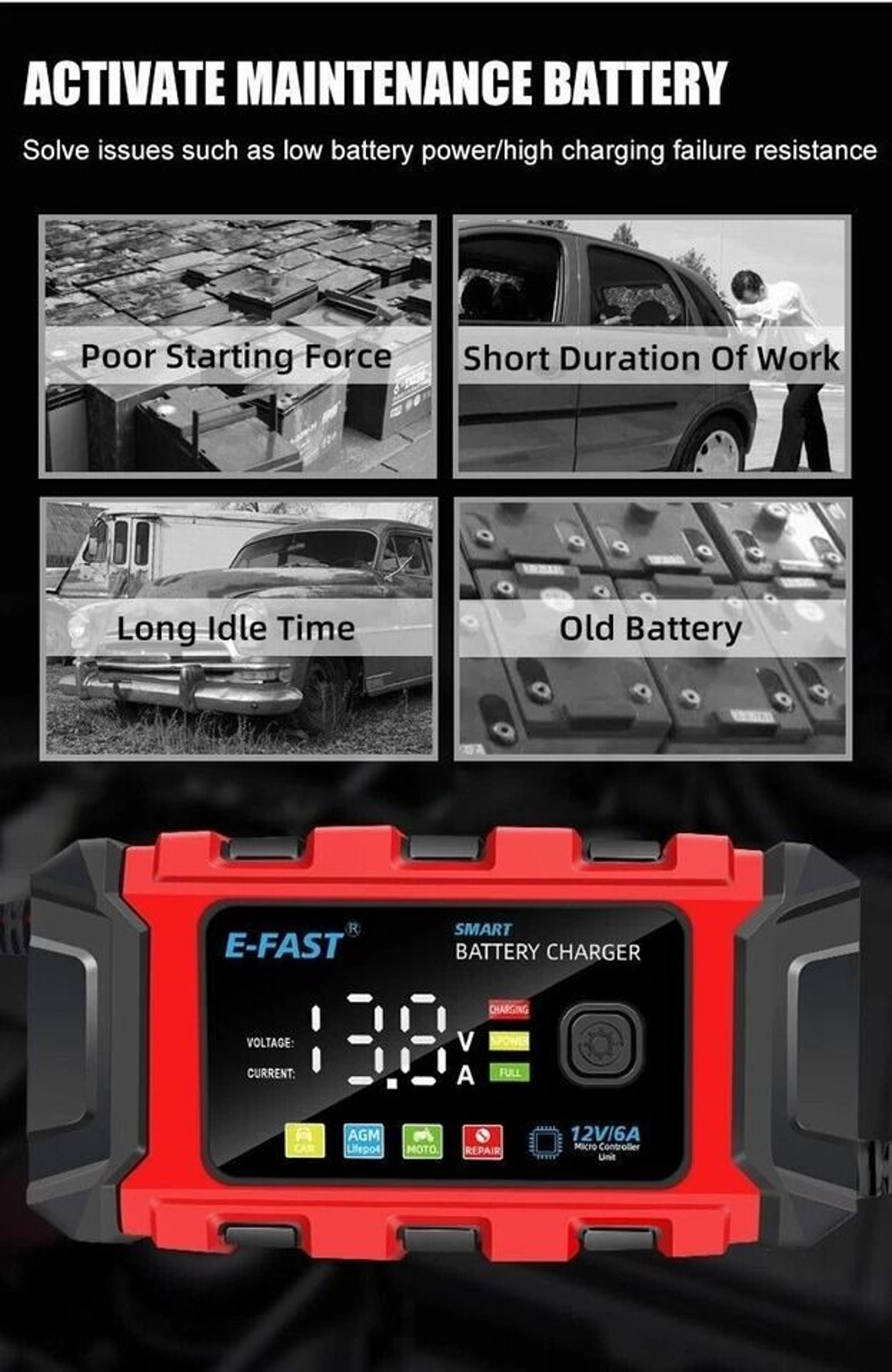 Smart Car Battery Charger Maintainer For Motorcycle AGM Batteries 7