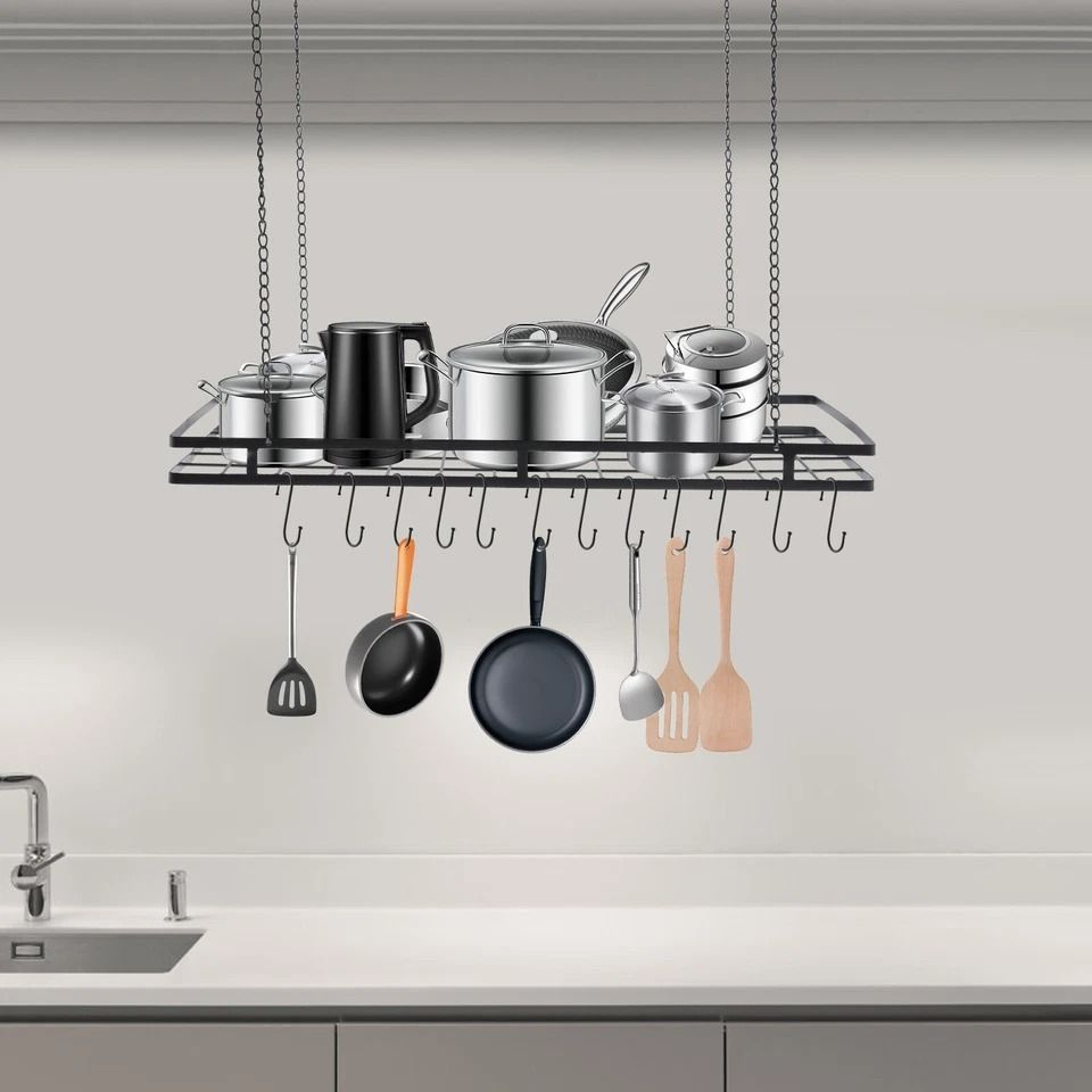 Premium Ceiling Pot Rack With Hooks Black Kitchen Storage Rack 2