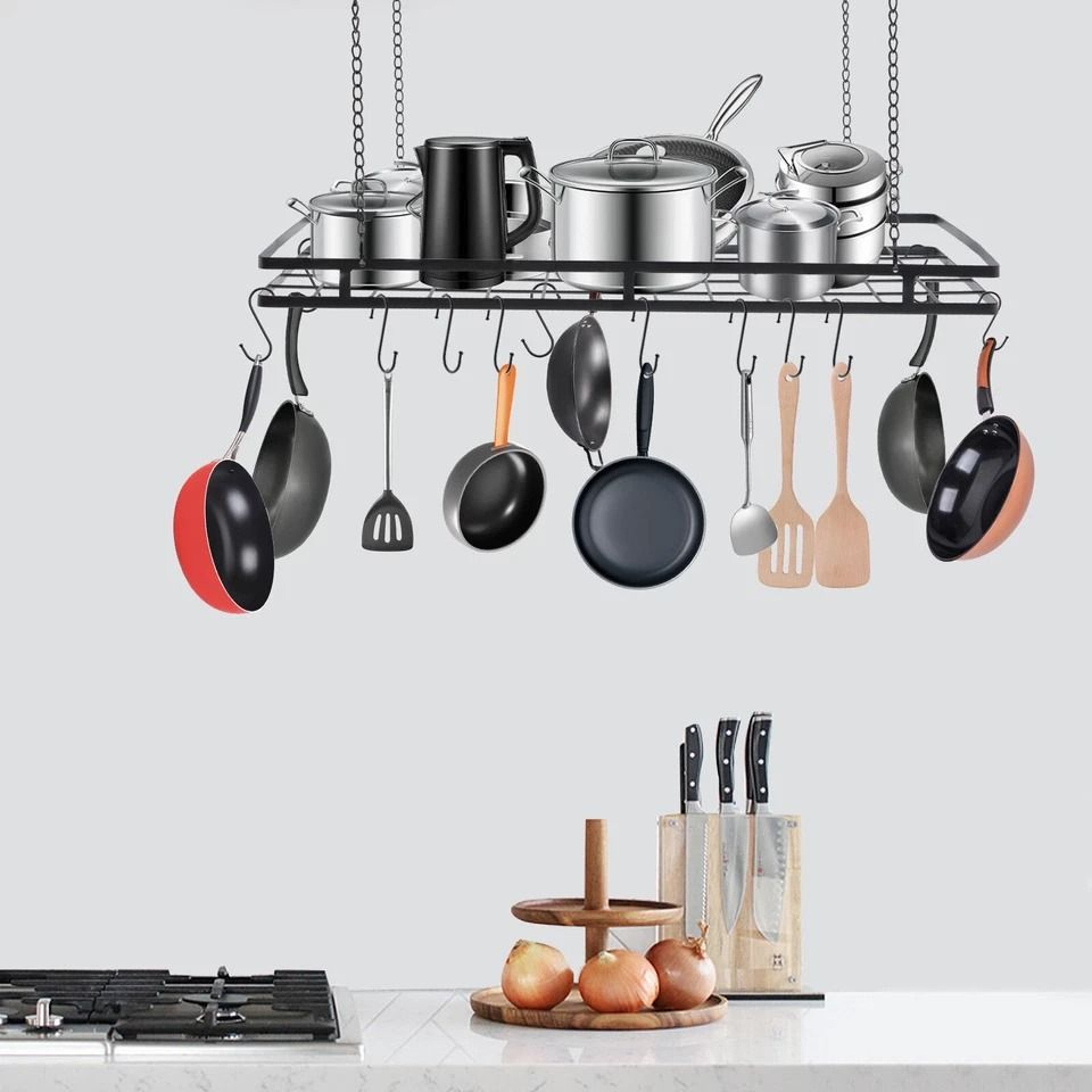 Premium Ceiling Pot Rack With Hooks Black Kitchen Storage Rack 6