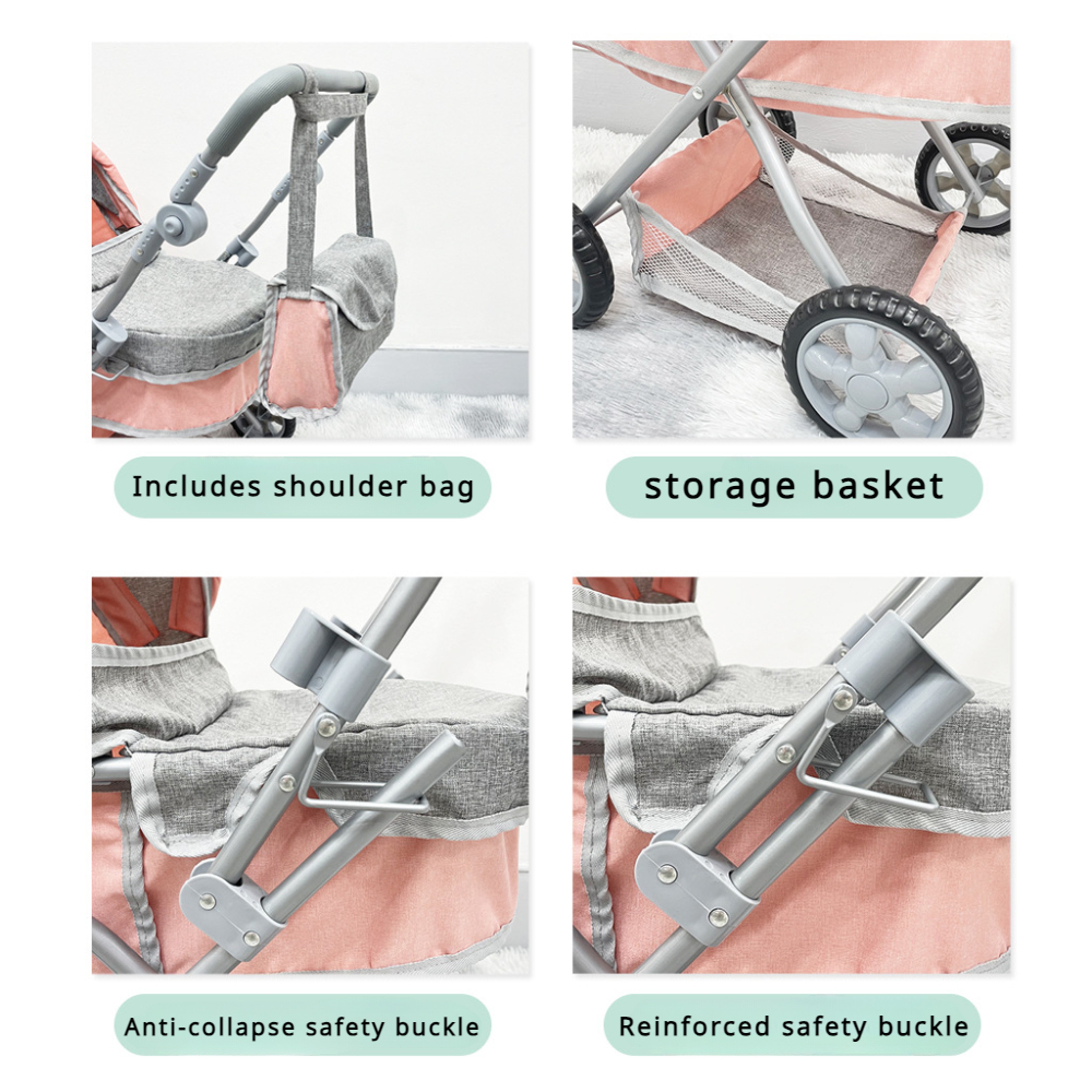 Large Foldable Baby Doll Stroller With Shoulder Bag Retractable Canopy Adjustable Soft Handle For K 3