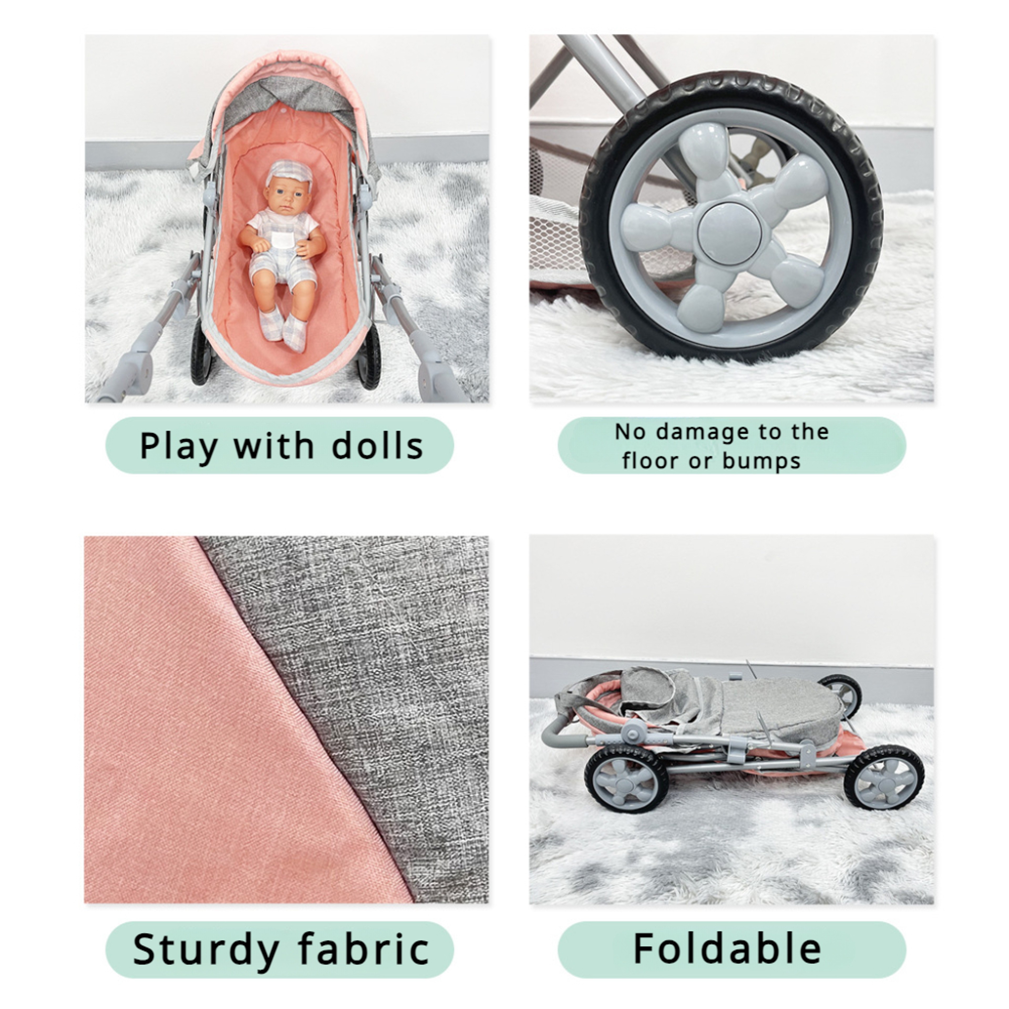 Large Foldable Baby Doll Stroller With Shoulder Bag Retractable Canopy Adjustable Soft Handle For K 4