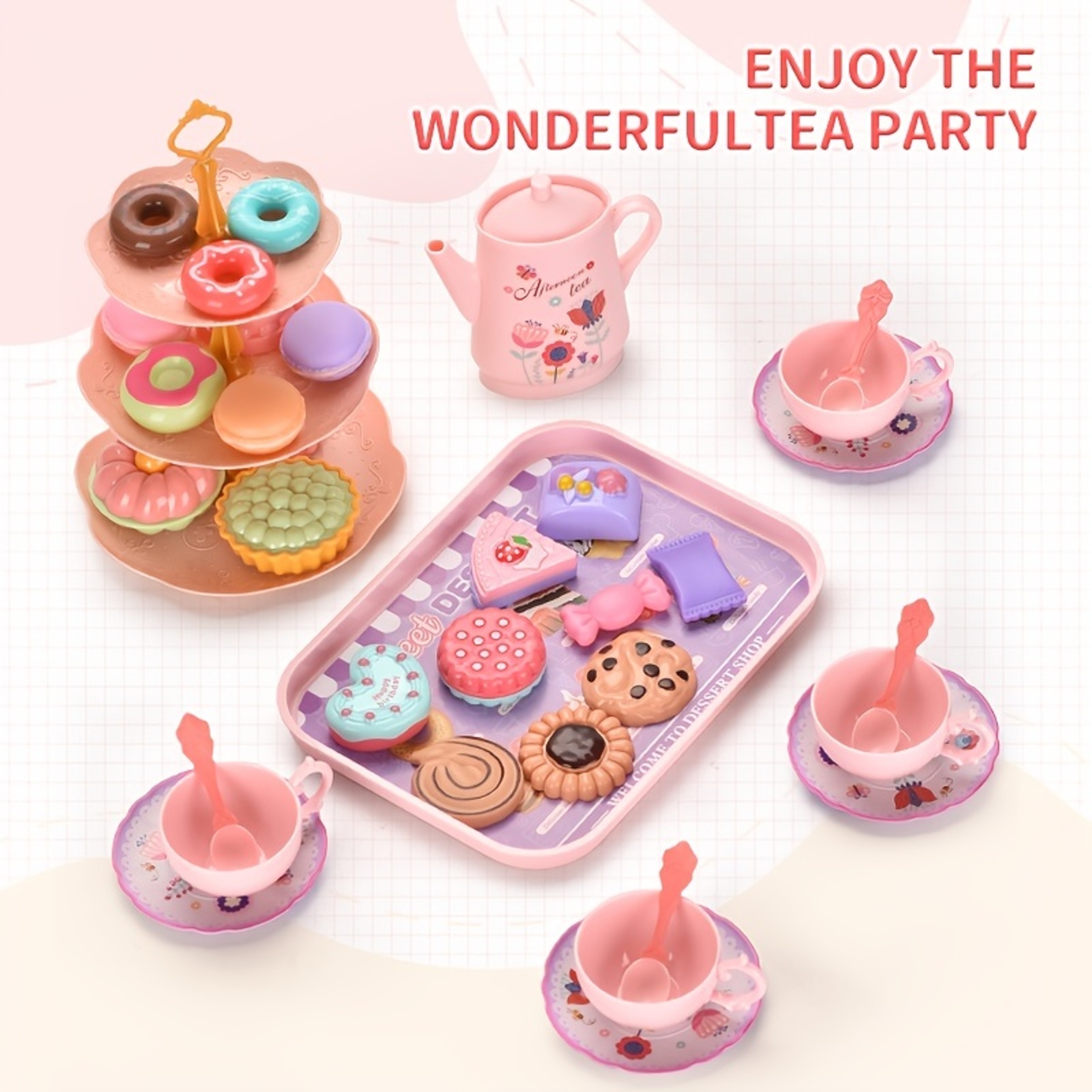 Flower Tea Set Toys for Toddlers, Tea Party Set for Little Girls, Kitchen Pretend Play Toys, Dessert Cake Christmas Gift – view 4
