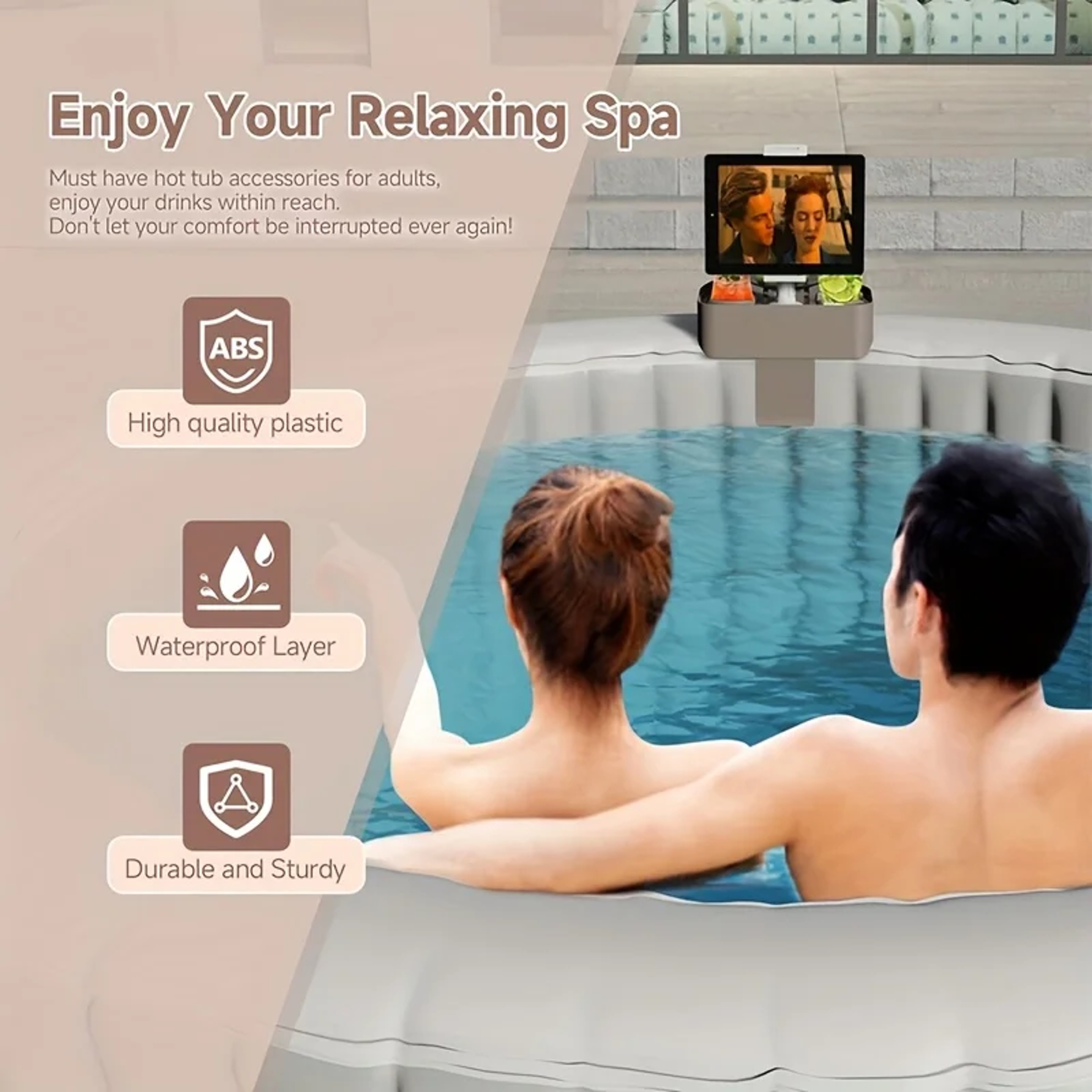 Adjustable Hot Tub Tray Table, Cup Holder & Phone Holder for Spa Wall Bathtub, Outdoor Drink Holder – view 4