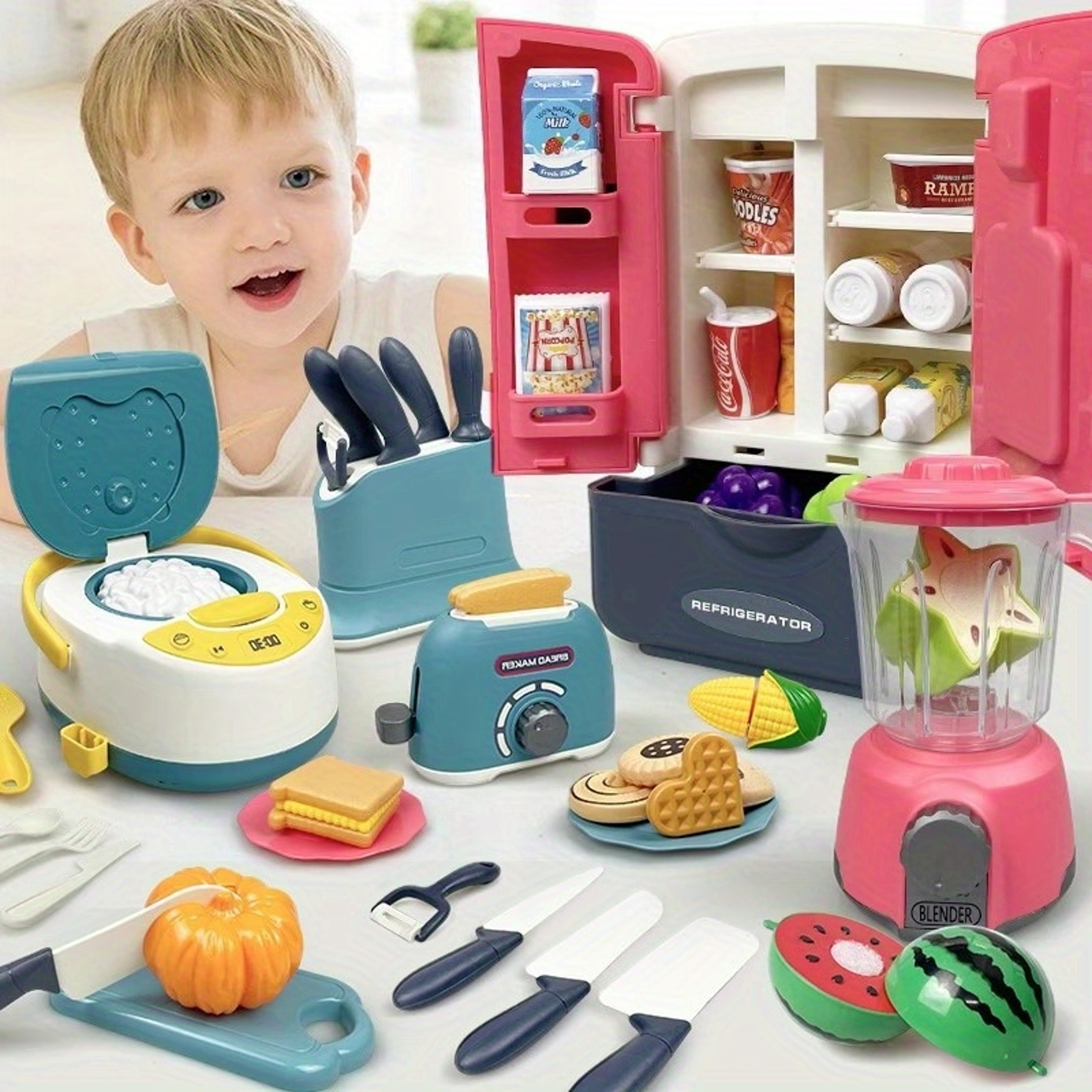 Pretend Play Kitchen for Boys & Girls, Kids Cooking and Baking Playset, Rice Cooker, Microwave, Gas Refrigerator – view 1