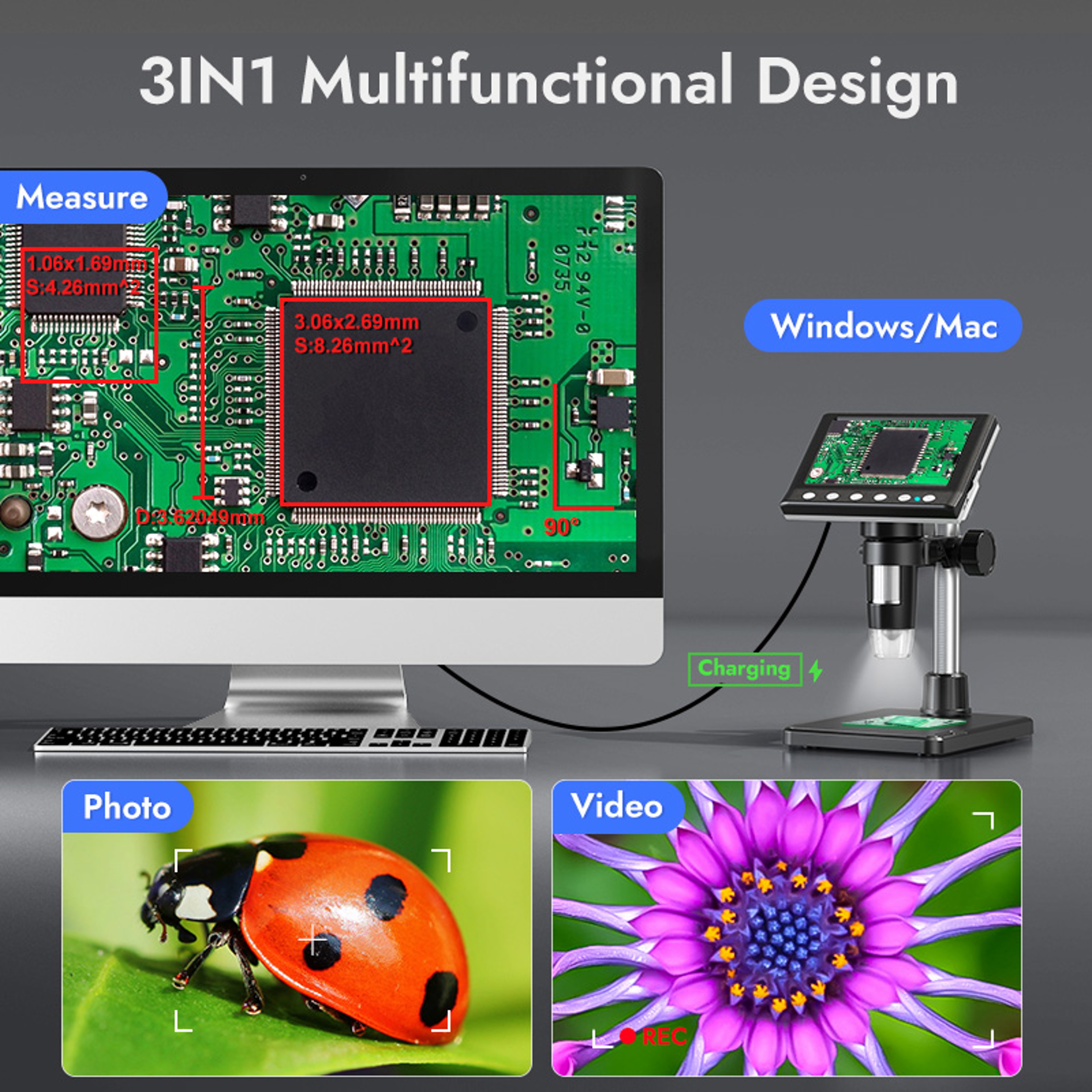 RIEVBCAU DM  Digital Microscope  Magnification Video  LEDs Ideal For Soldering  Coin Inspection 3