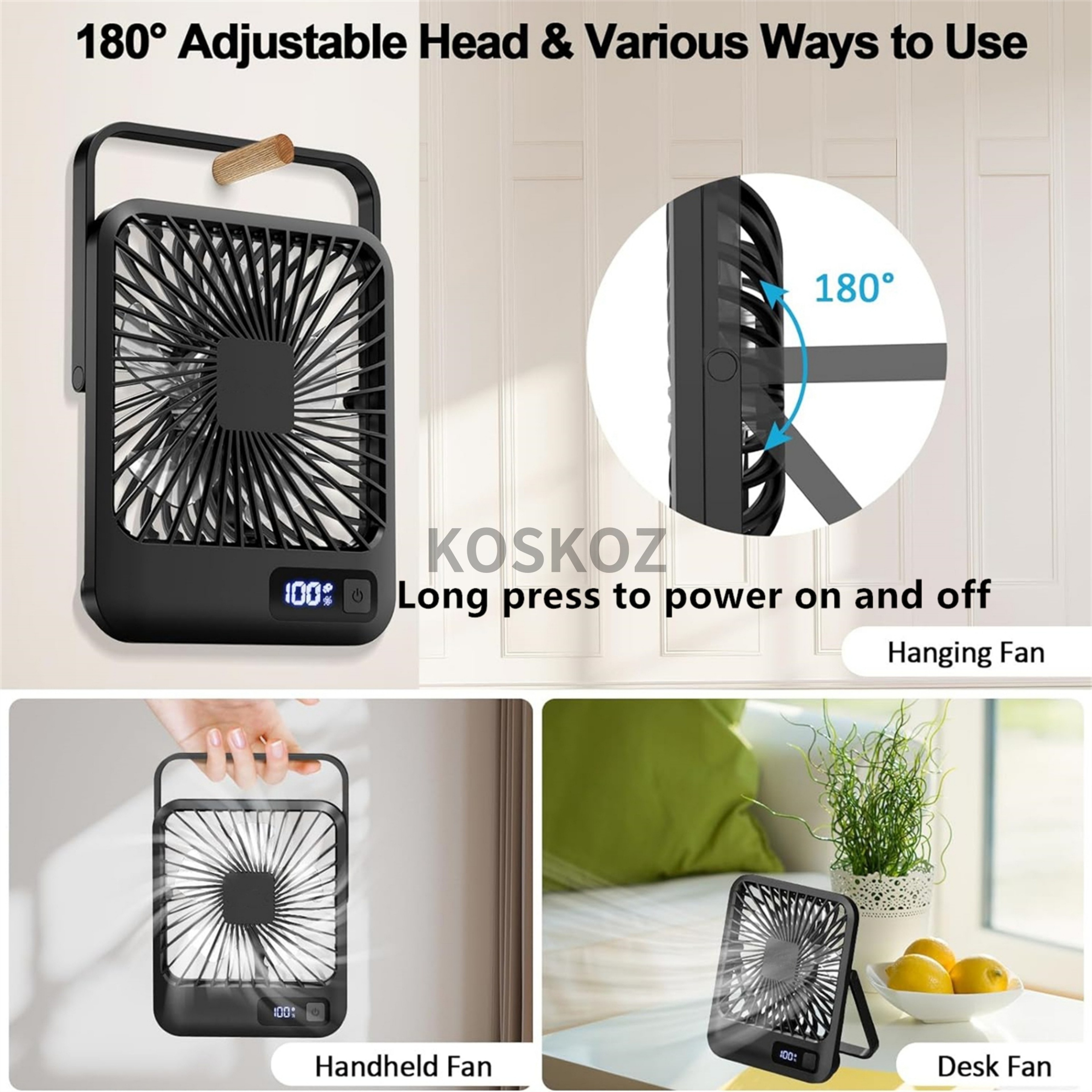 Portable USB Rechargeable Desk Fan Ultra Quiet Tilt Folding Personal Fan with Speeds and Power Display – view 2