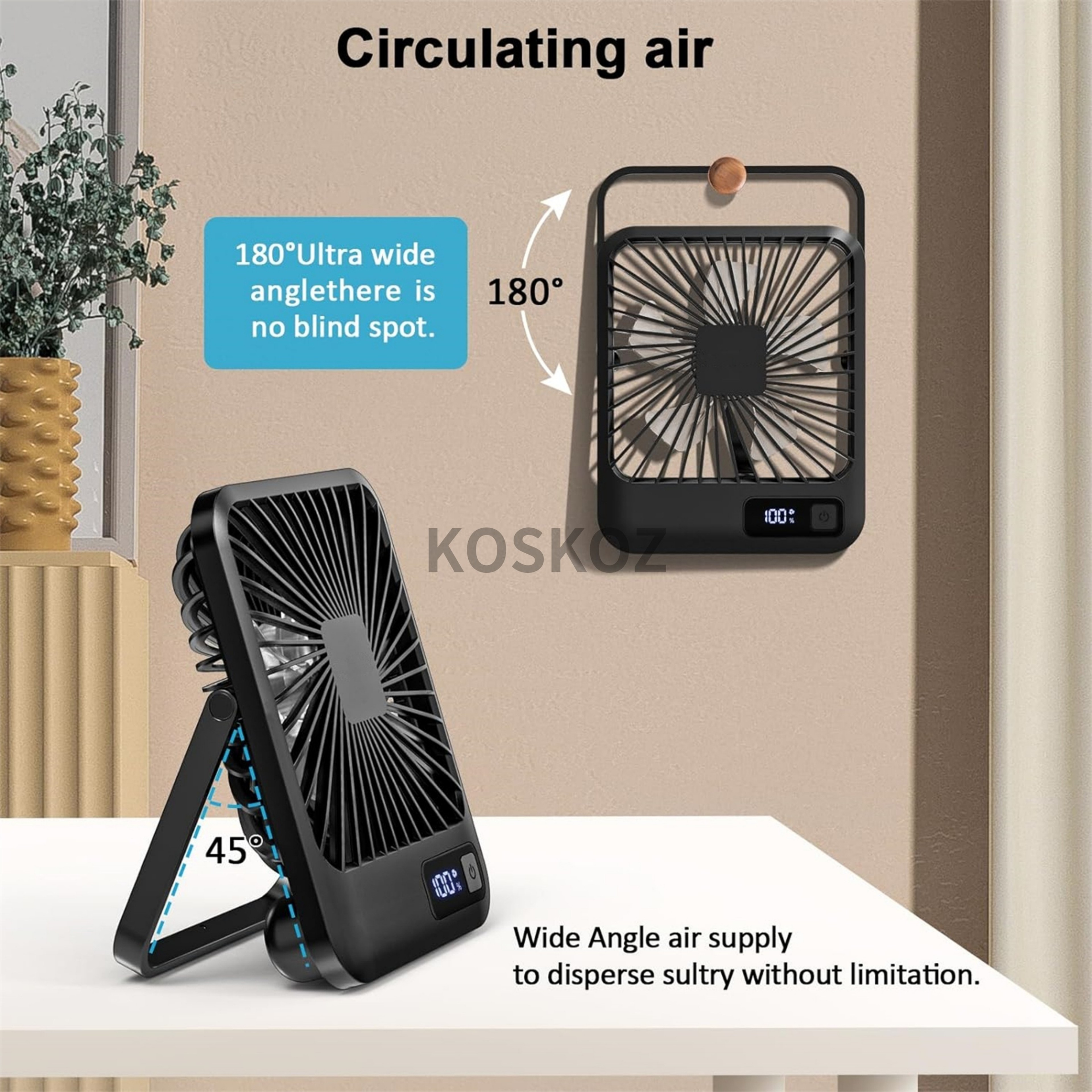 Portable USB Rechargeable Desk Fan Ultra Quiet Tilt Folding Personal Fan with Speeds and Power Display – view 3