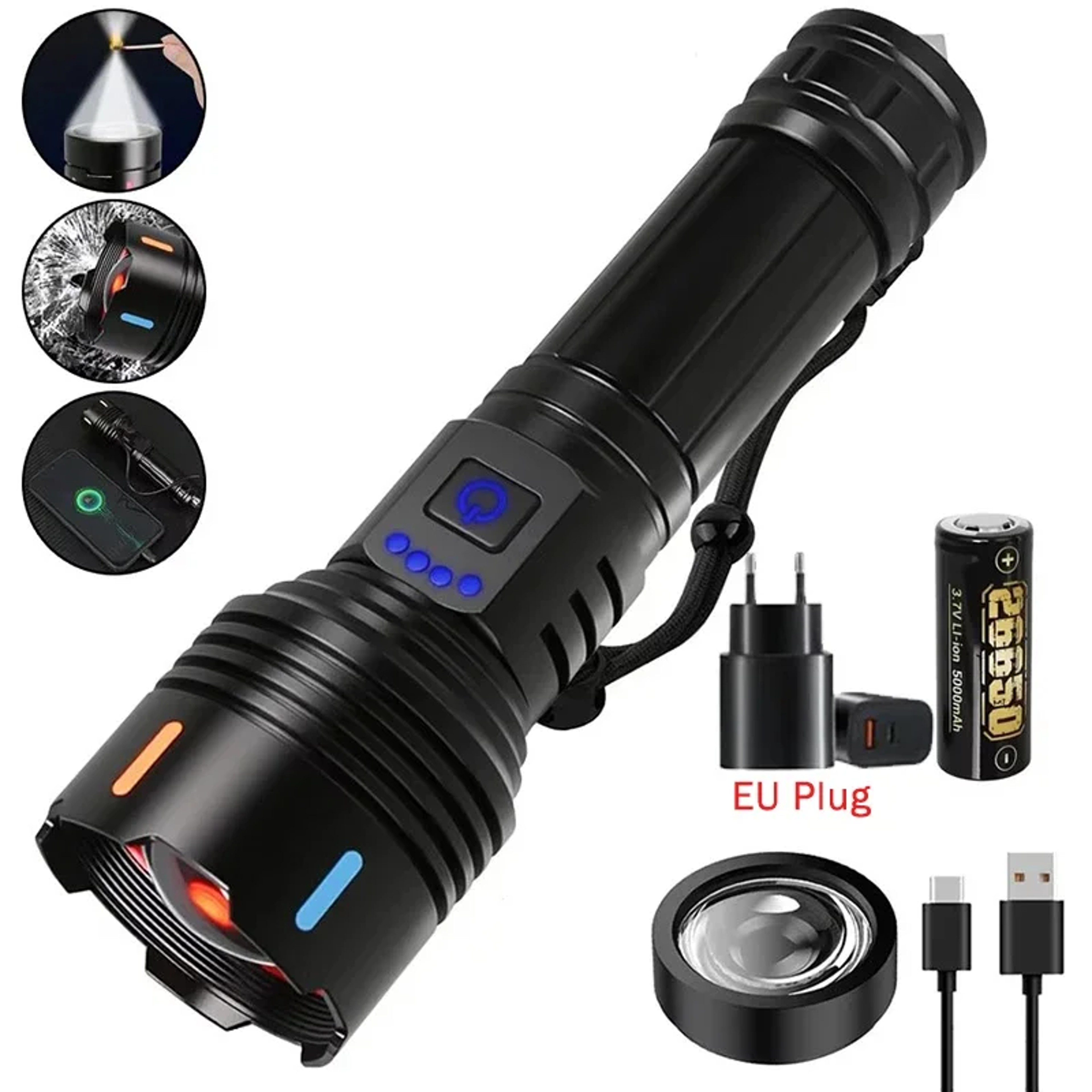 High Power LED Flashlight Rechargeable Type C Zoom Torch Window Breaker For Outdoor Camping  Hiking 10