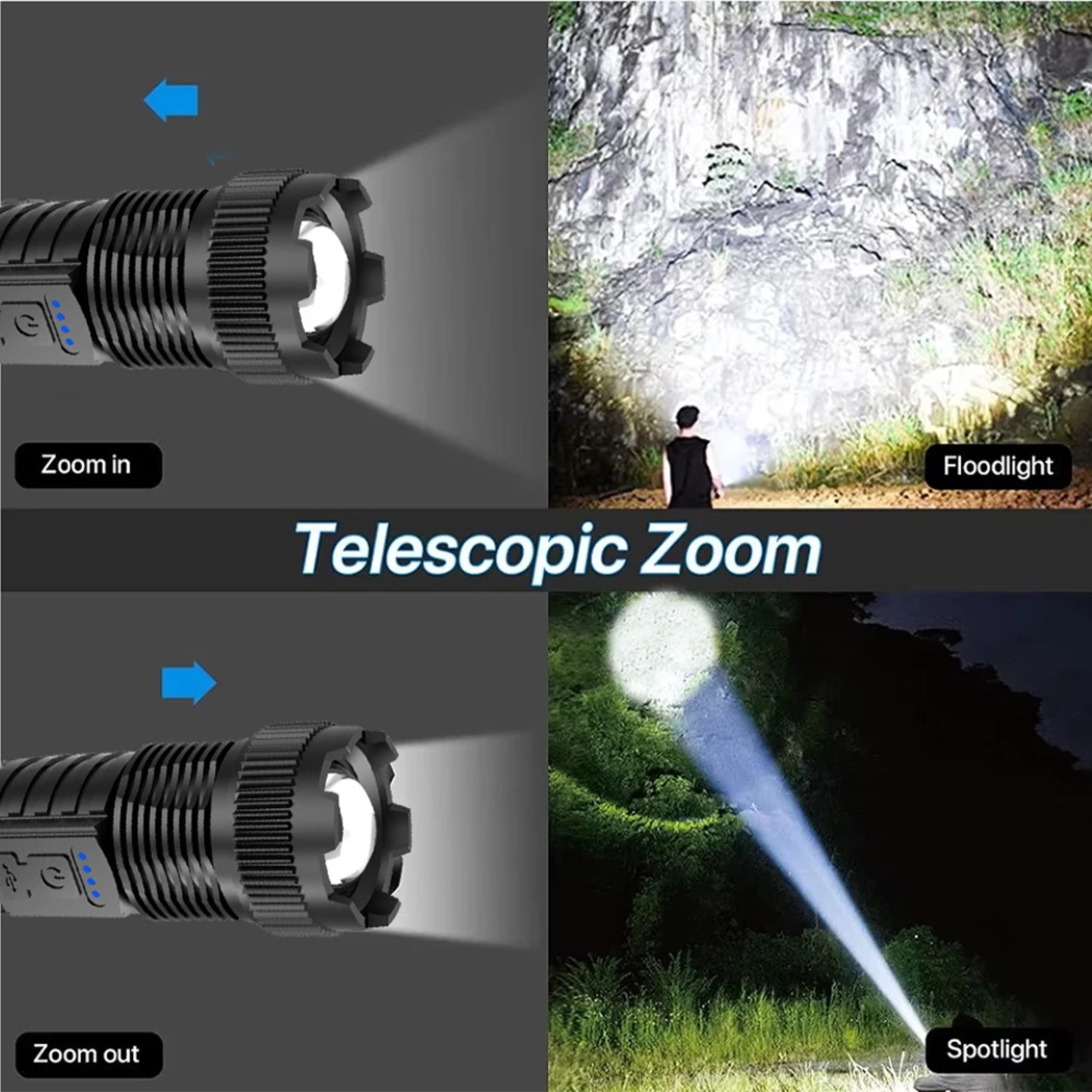 Telescopic Zoom Tactical Flashlight  Rechargeable LED Torch With  Lighting Modes Waterproof LongRan 1