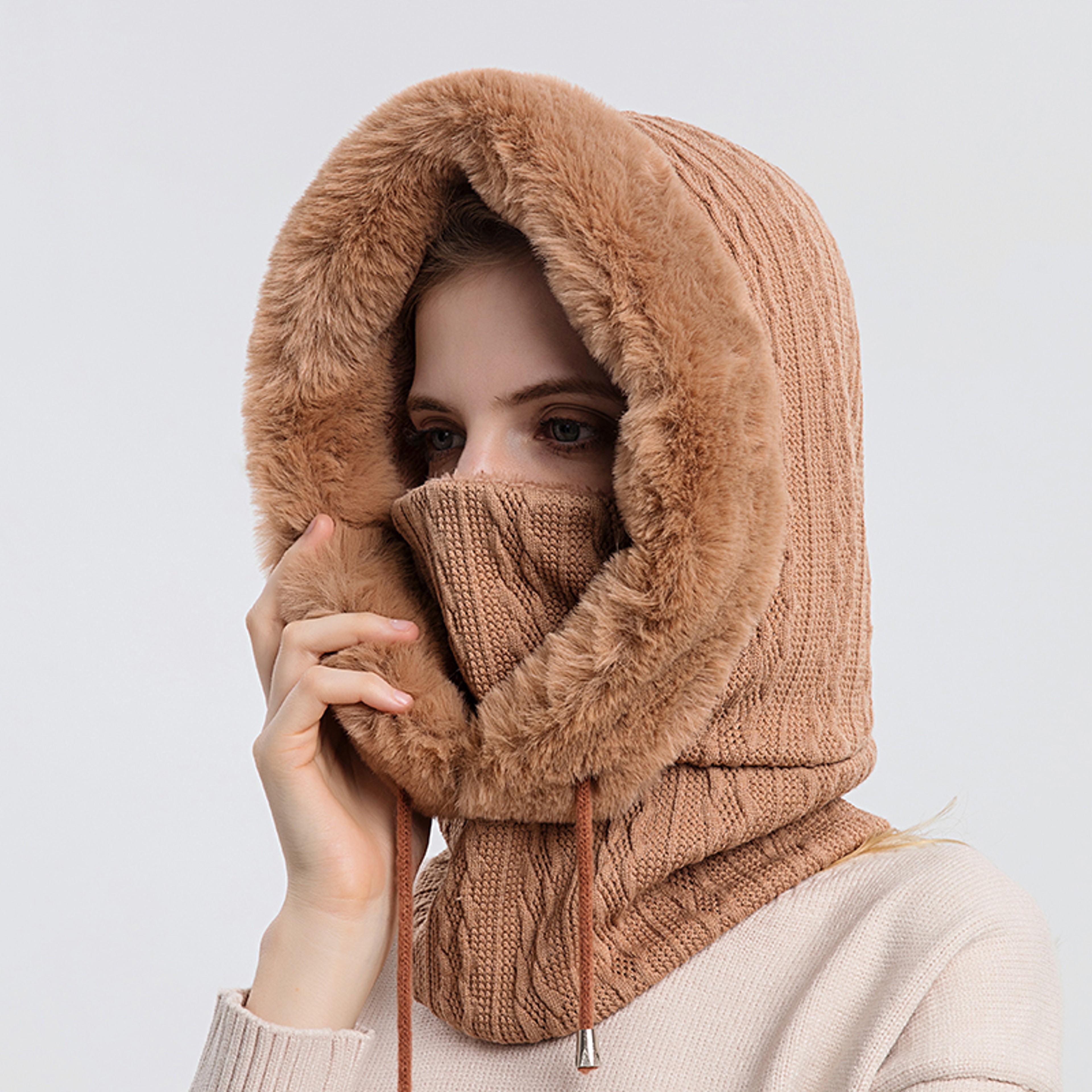 Winter Fur Hooded Mask Set For Women Knitted Cashmere Neck Warmer Windproof Balaclava Ski Hat 6