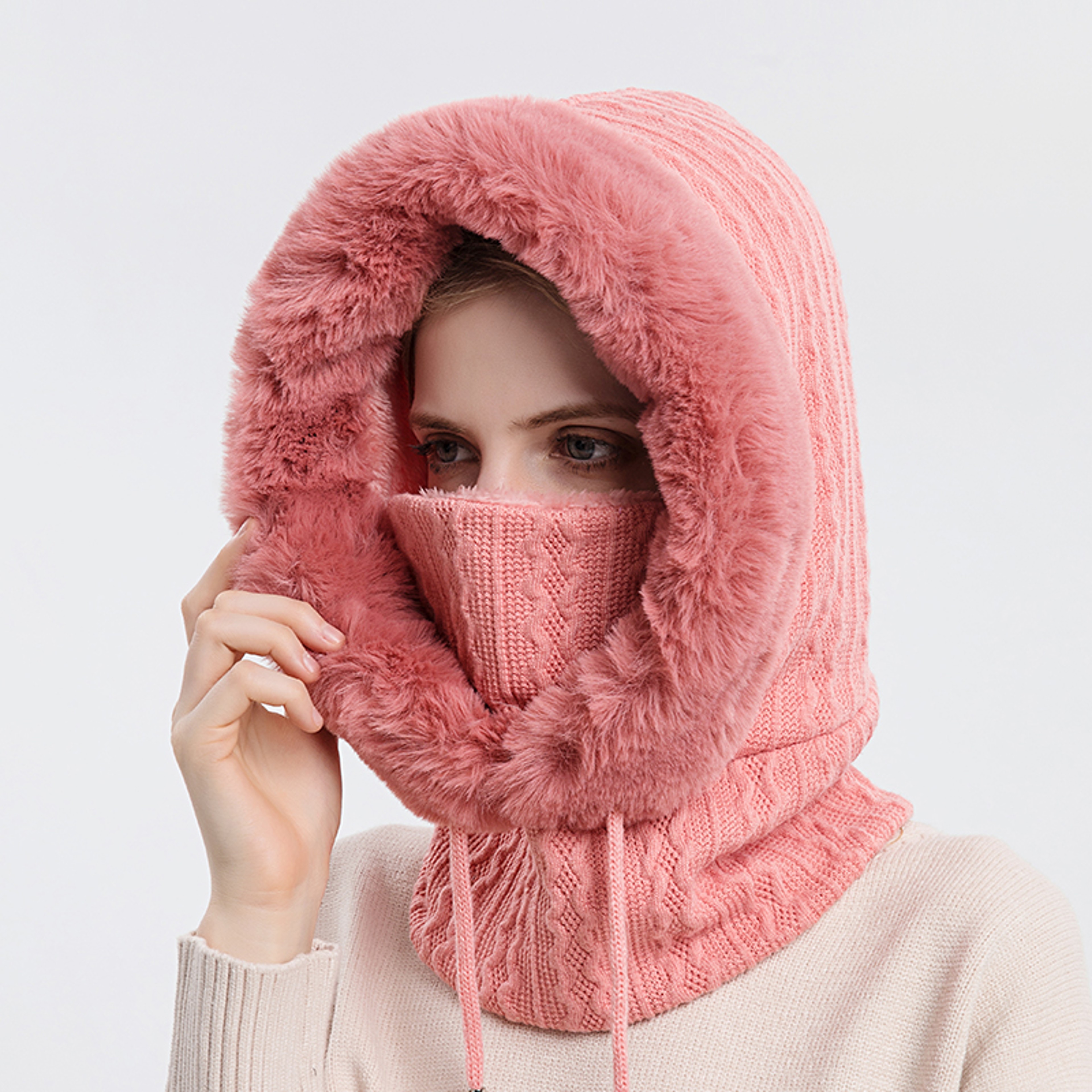 Winter Fur Hooded Mask Set For Women Knitted Cashmere Neck Warmer Windproof Balaclava Ski Hat 8