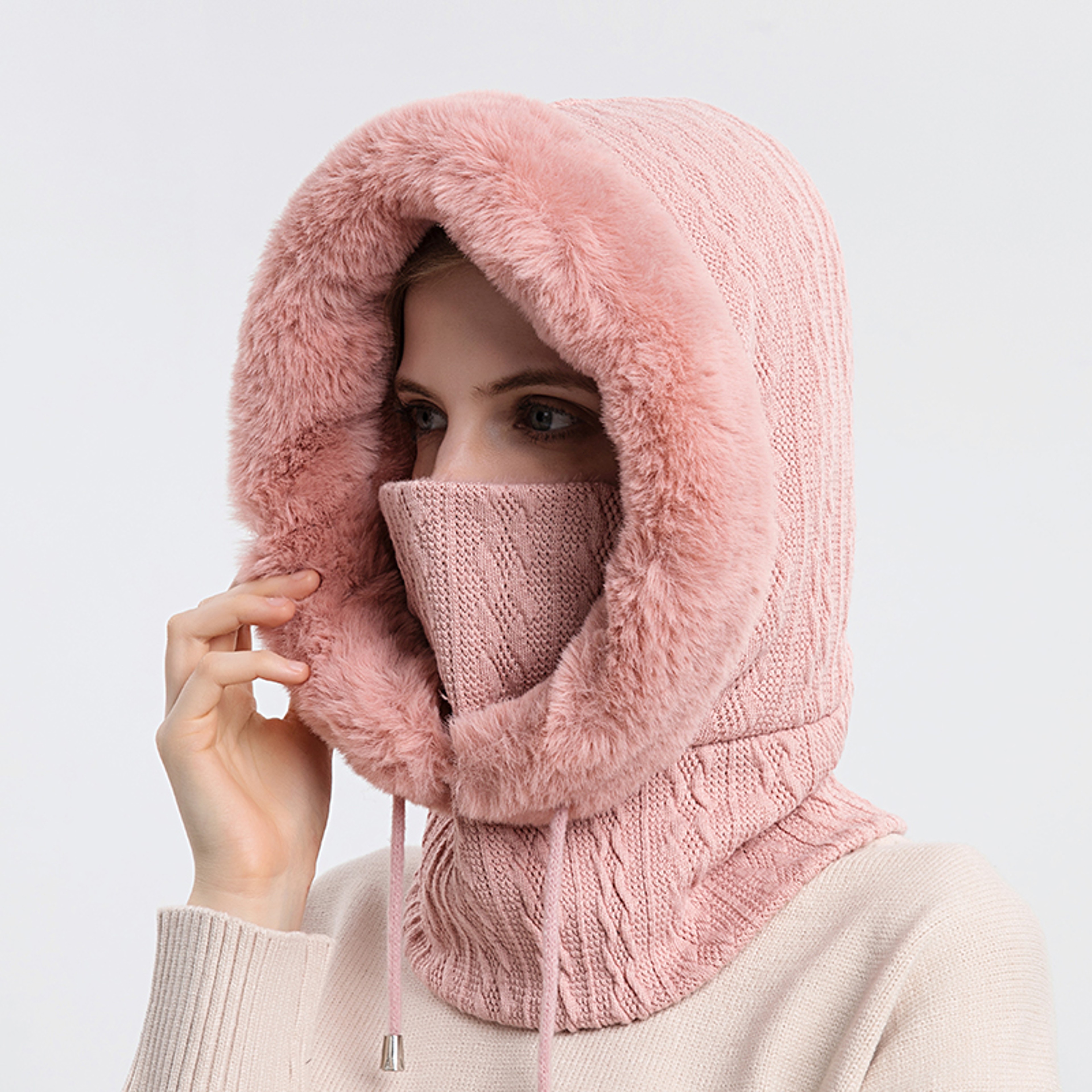 Winter Fur Hooded Mask Set For Women Knitted Cashmere Neck Warmer Windproof Balaclava Ski Hat 10