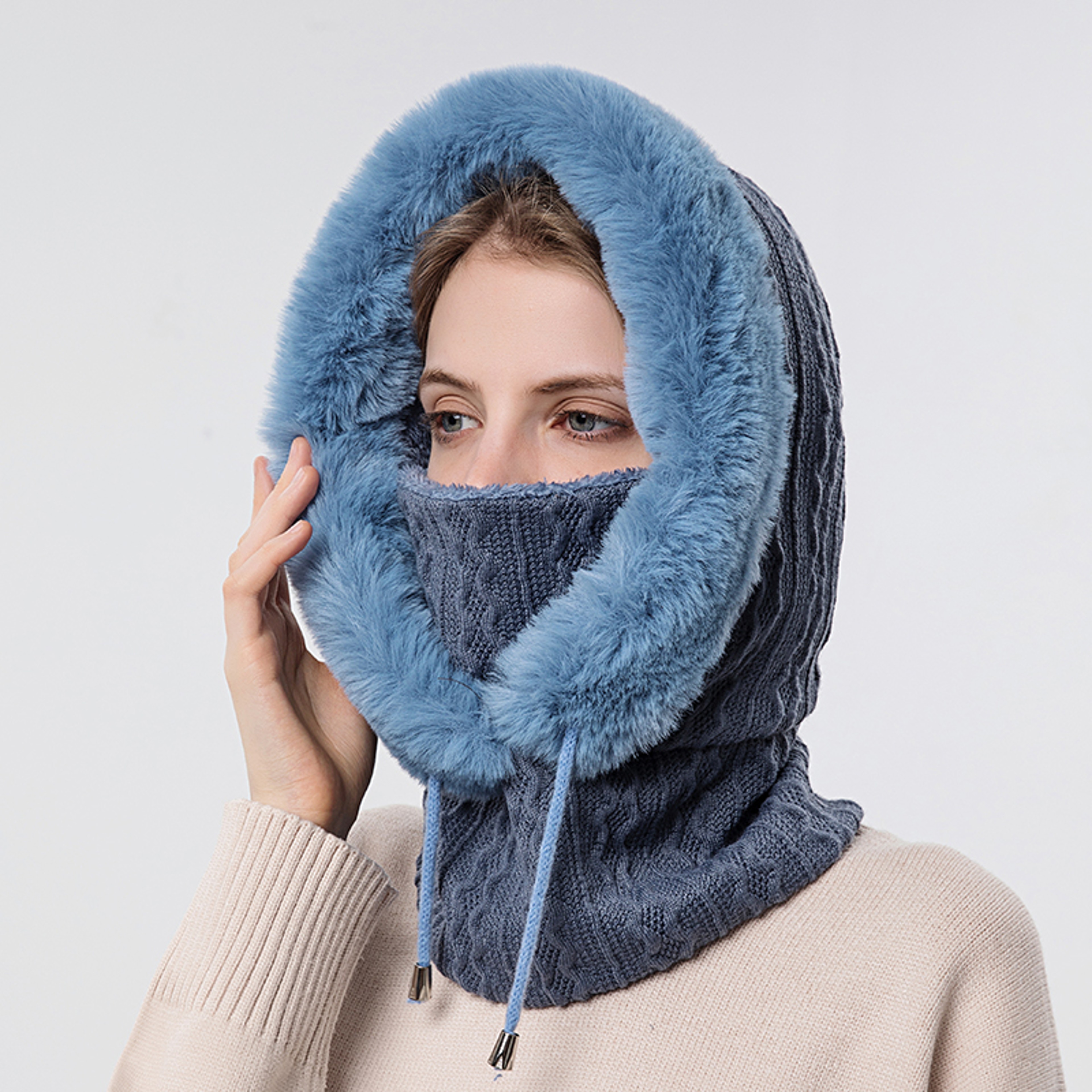 Winter Fur Hooded Mask Set For Women Knitted Cashmere Neck Warmer Windproof Balaclava Ski Hat 11