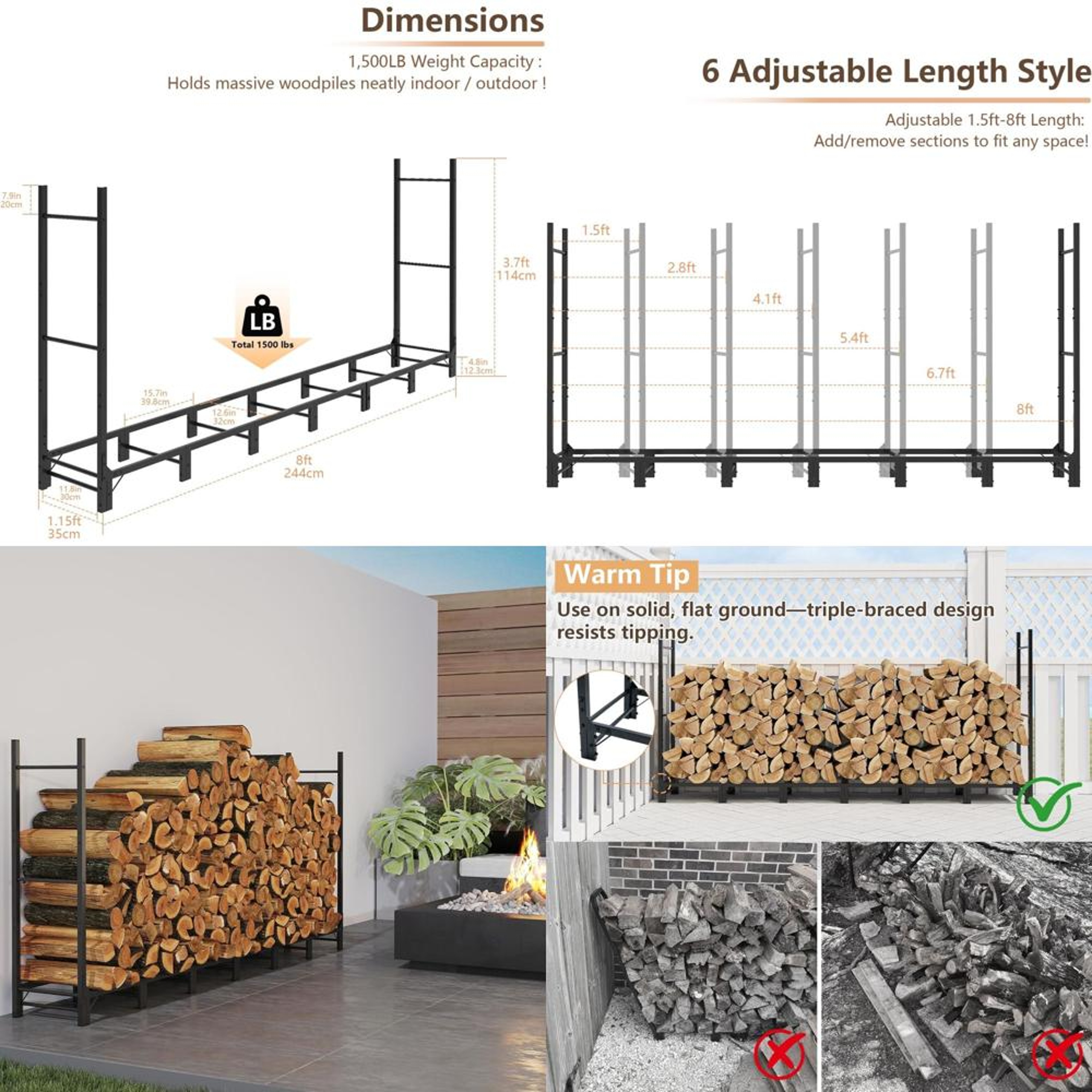 Heavy Duty Adjustable Metal Log Rack for Indoor & Outdoor Firewood Storage – view 1