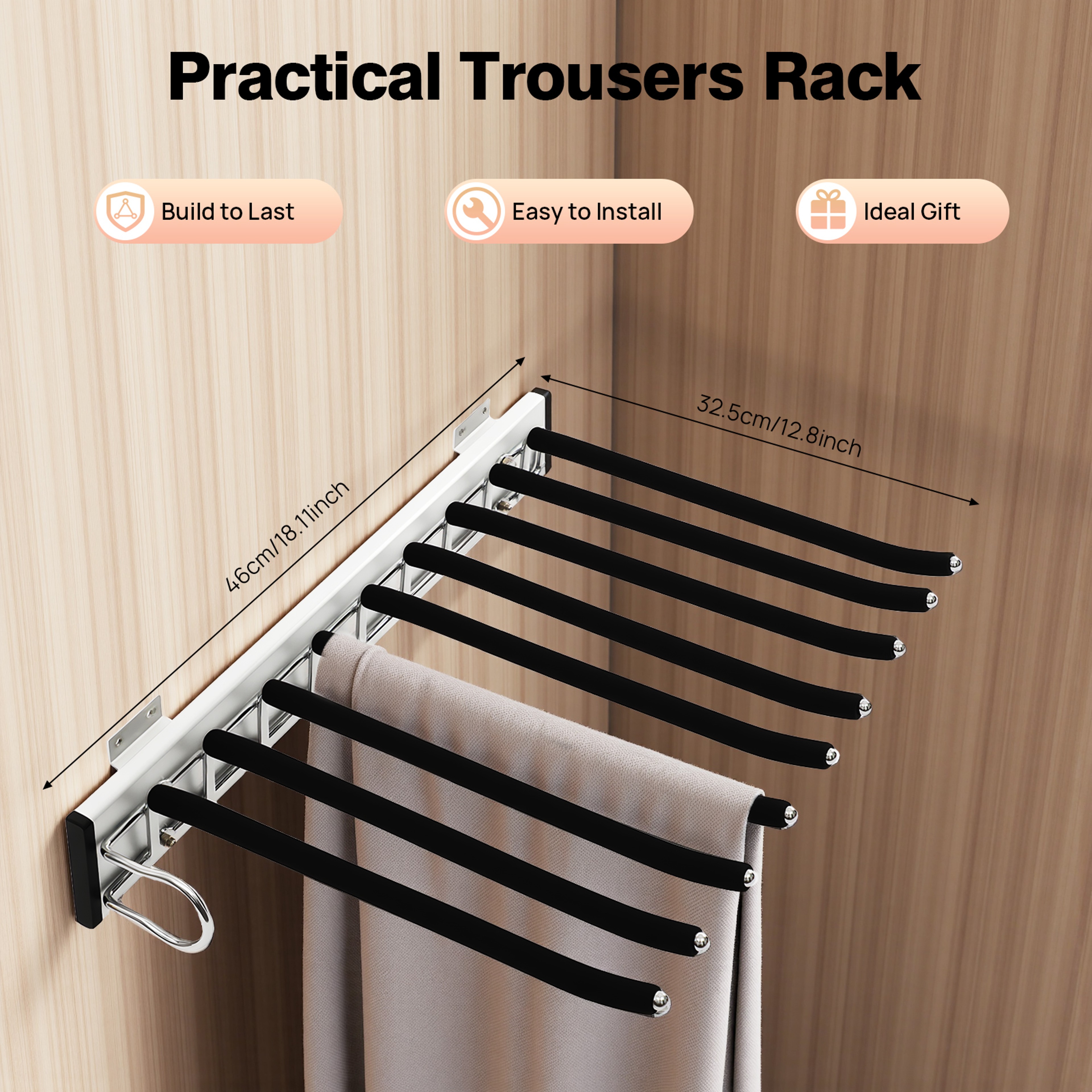 Rod Side Mounted Trousers Hanger PullOut Pants Rack With Flocked Bars For Easy Storage And Organiza 0