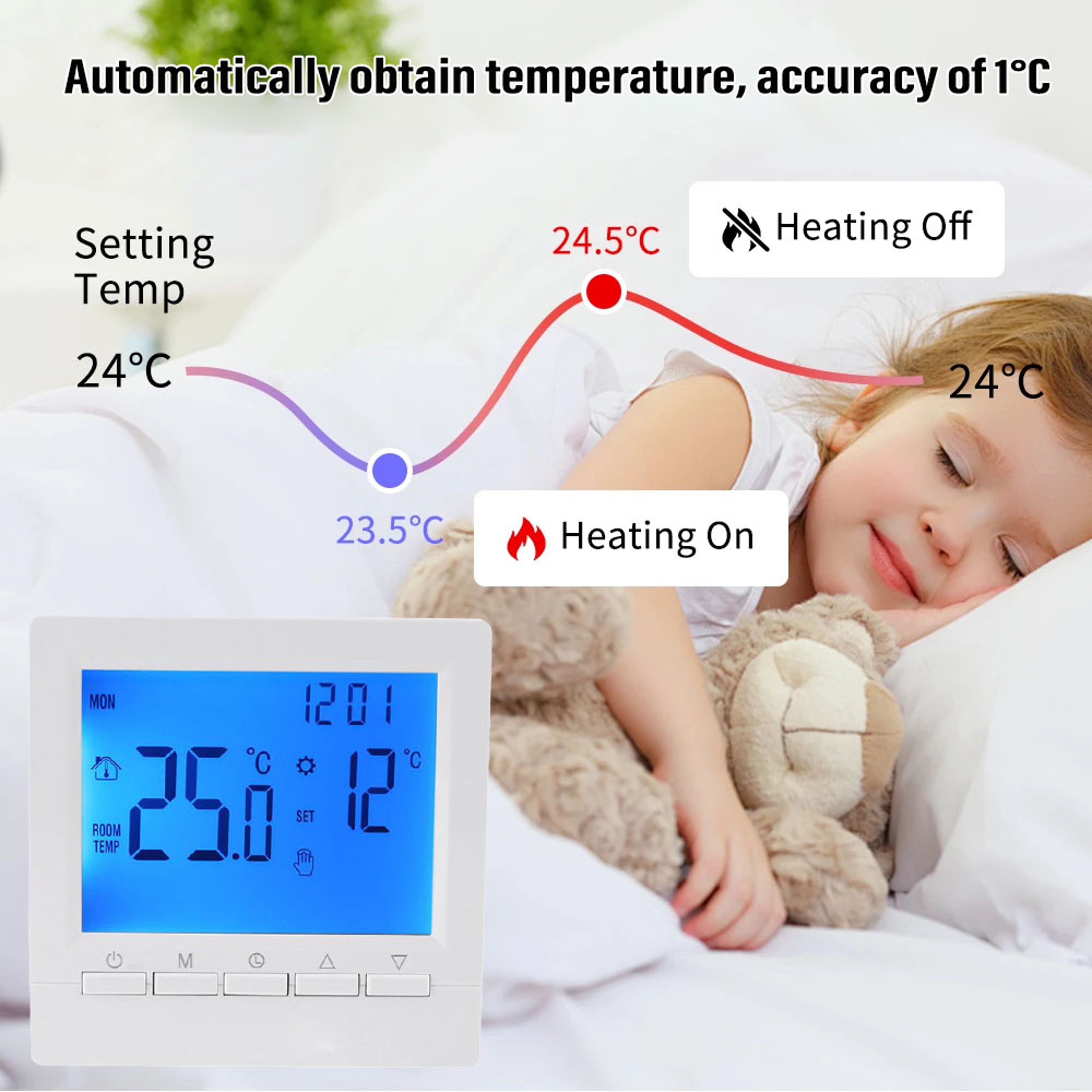 Smart Programmable Thermostat for Gas Boiler Heating with Wireless Control & Child Lock – view 3