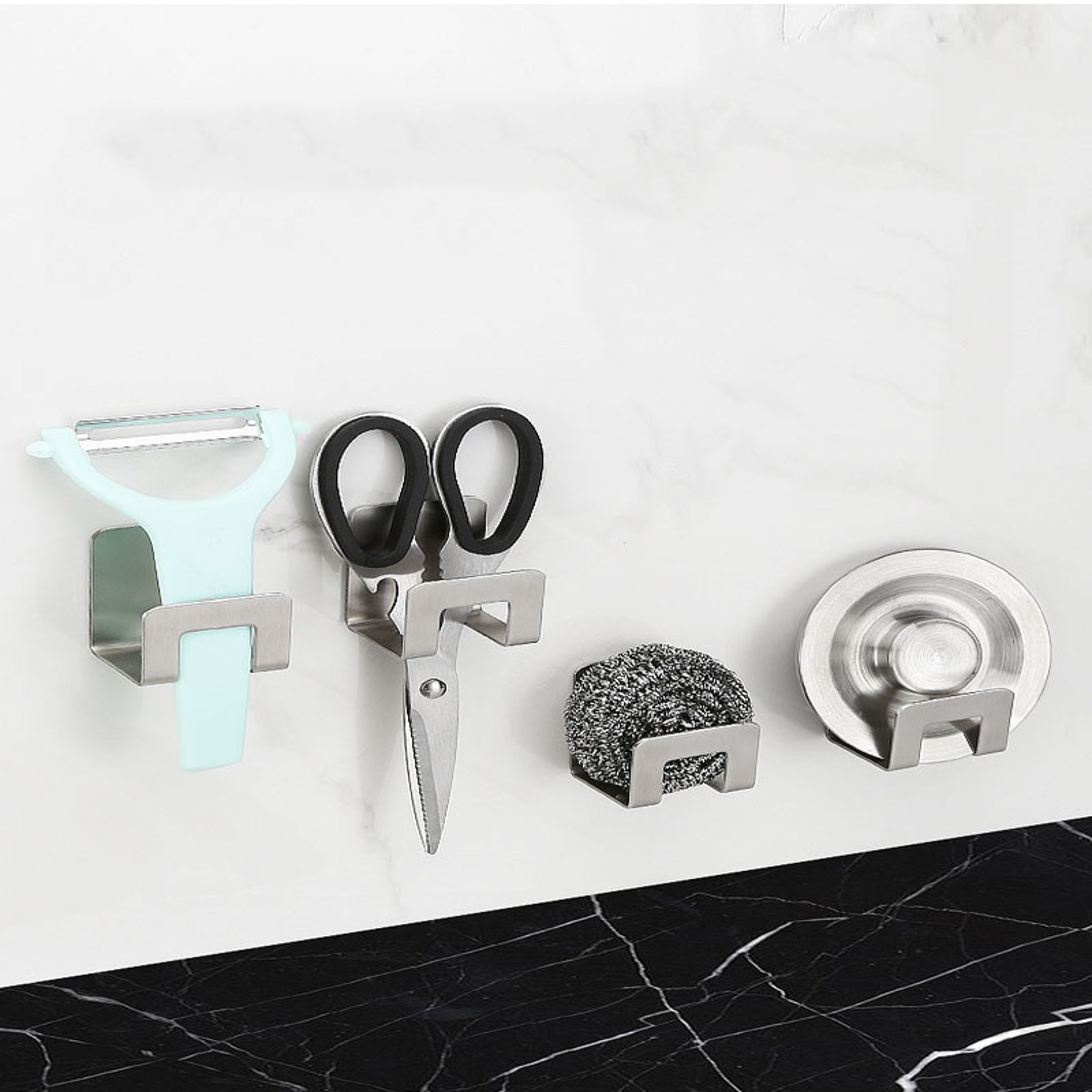 Stainless Steel Sink Organizer Rack With Self Adhesive Sponge Holder And Drain Tray 3