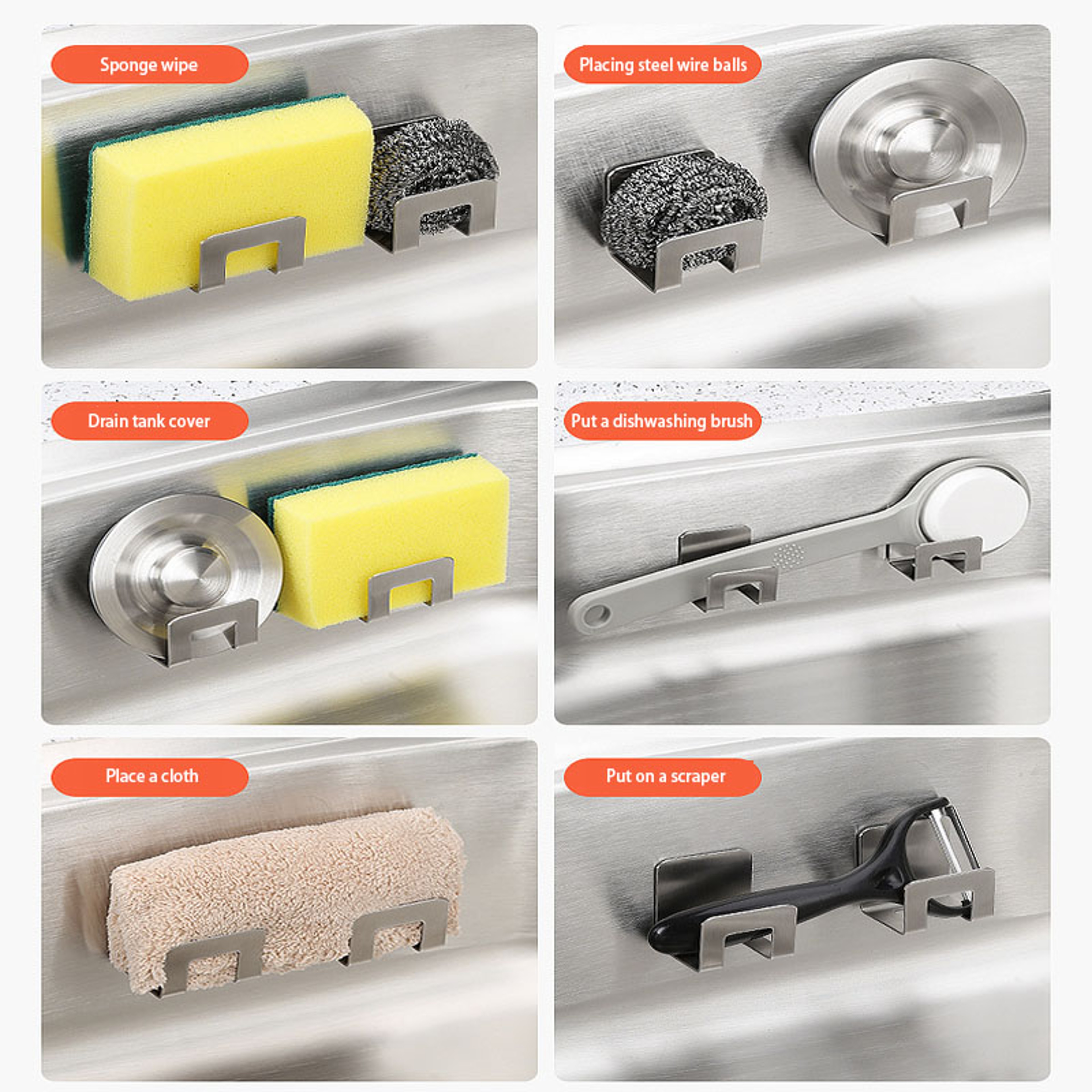Stainless Steel Sink Organizer Rack With Self Adhesive Sponge Holder And Drain Tray 4