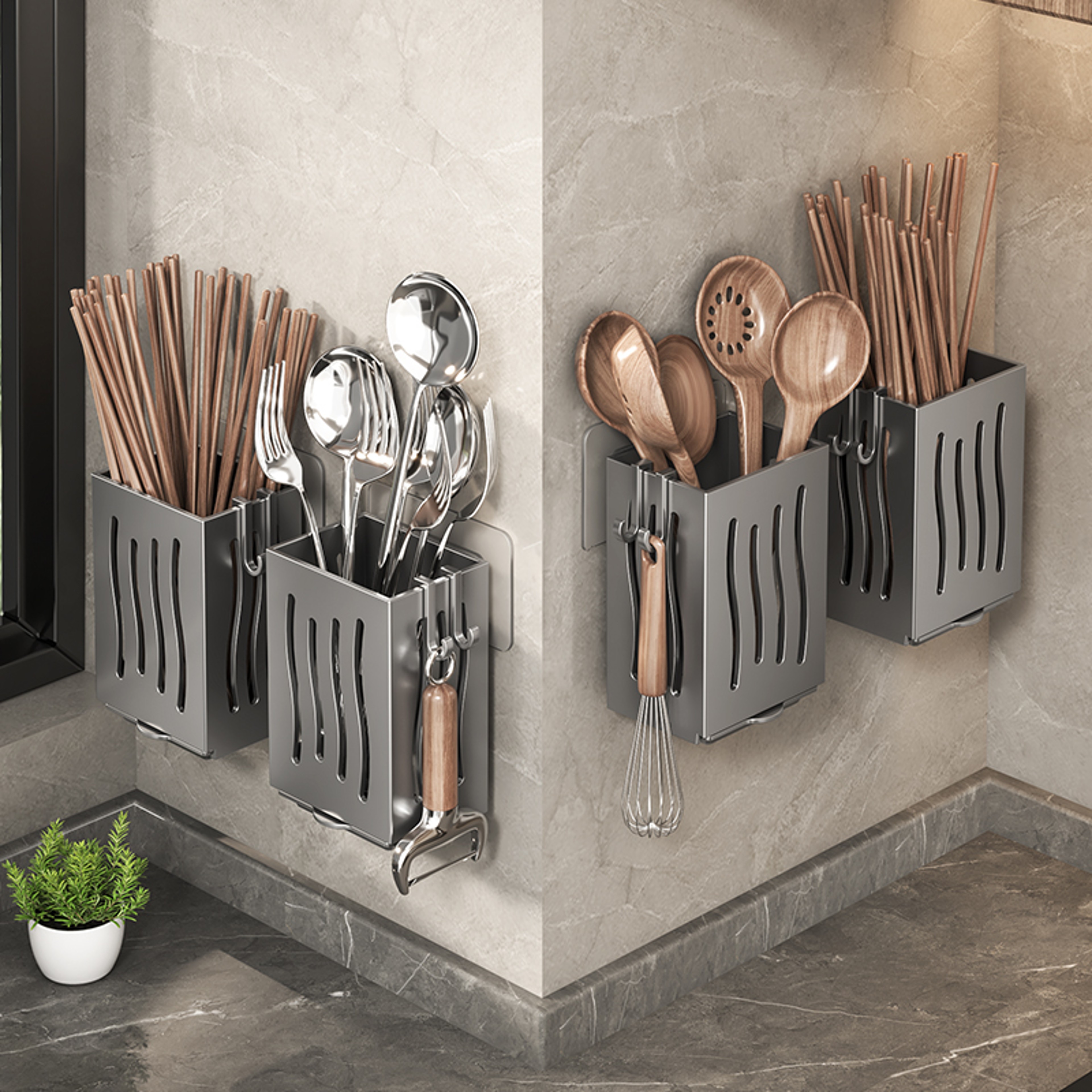 Wall Mounted Chopsticks Holder No Drill Kitchen Utensil Organizer With Drainage 5